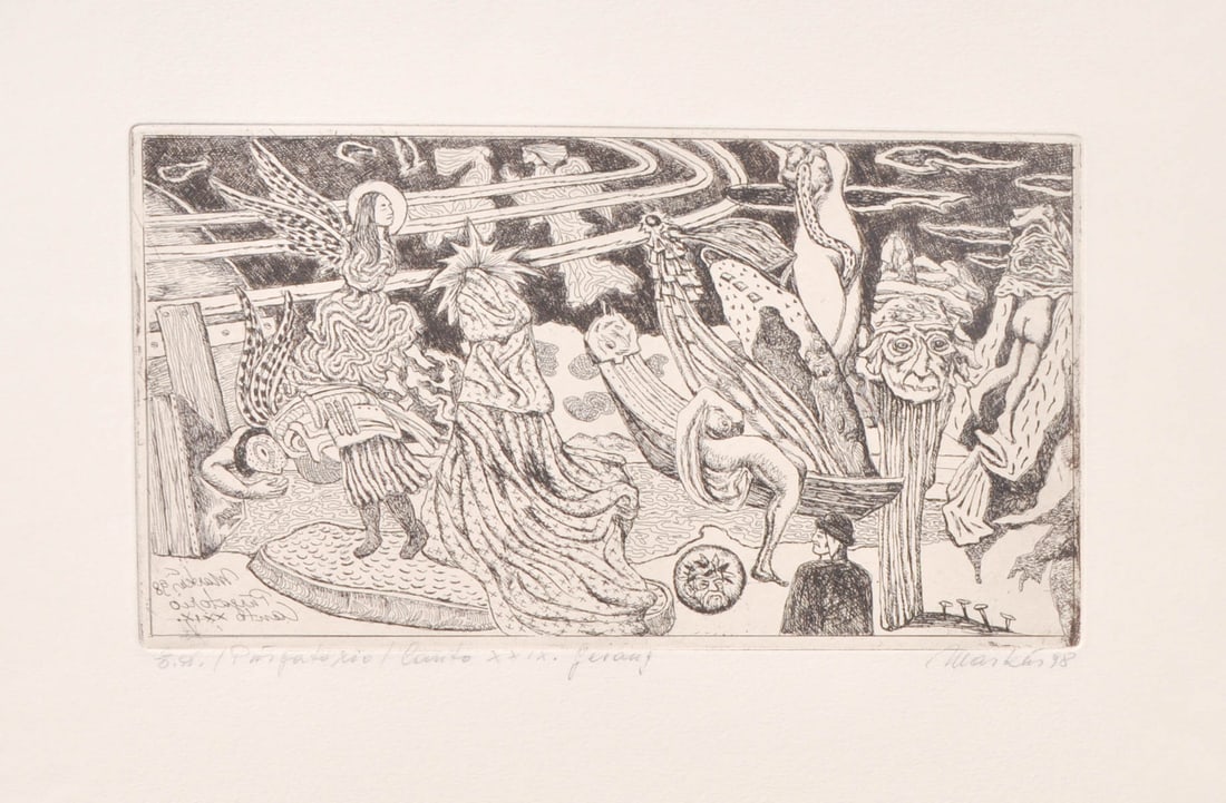 Markus Vallazza (St. Ulrich in Gröden/Ortisei 1936 - Bozen/Bolzano 2019): Purgatorio, Canto XXIX. Gesang, 1998;Radierung, 15 x 26,5 cm (Platte), 29,8 x 40 cm(Blatt)Handsigniert, datiert u. betitelt, E. A.