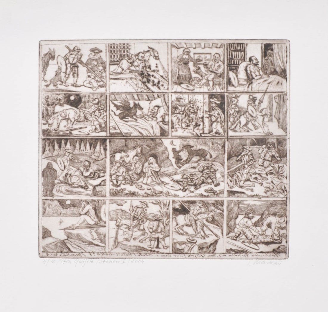 Markus Vallazza (St. Ulrich in Gröden/Ortisei 1936 - Bozen/Bolzano 2019): Don Quichote, Szenen I, 2004;Radierung, 30 x 34 cm (Platte), 50 x 48 cm(Blatt)Handsigniert, datiert, betitelt u. nummeriert(4/10)
