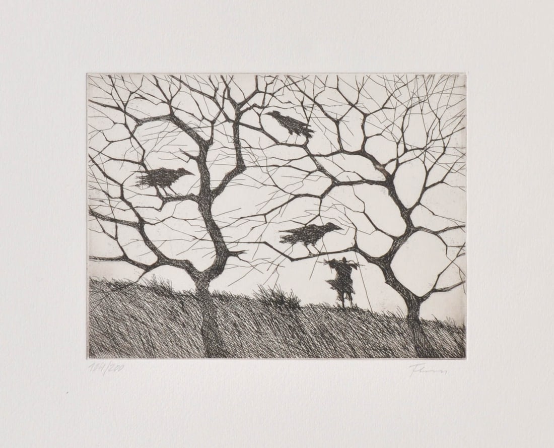 Paul Flora (Glurns/Glorenza 1922 - Innsbruck 2003): Raben im Geäst;Radierung, 14,7 x 19,6 cm (Platte), 39,5 x 44,5 cm(Blatt)Handsigniert u. nummeriert (104/200)