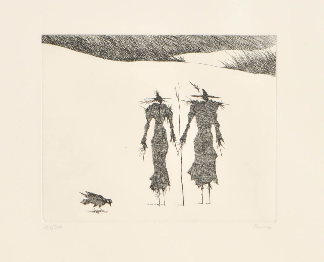 Paul Flora (Glurns/Glorenza 1922 - Innsbruck 2003): Rabe und zwei Vogelscheuchen;Radierung, 19,5 x 24,2 cm (Platte), gerahmtHandsigniert u. nummeriert (120/200)