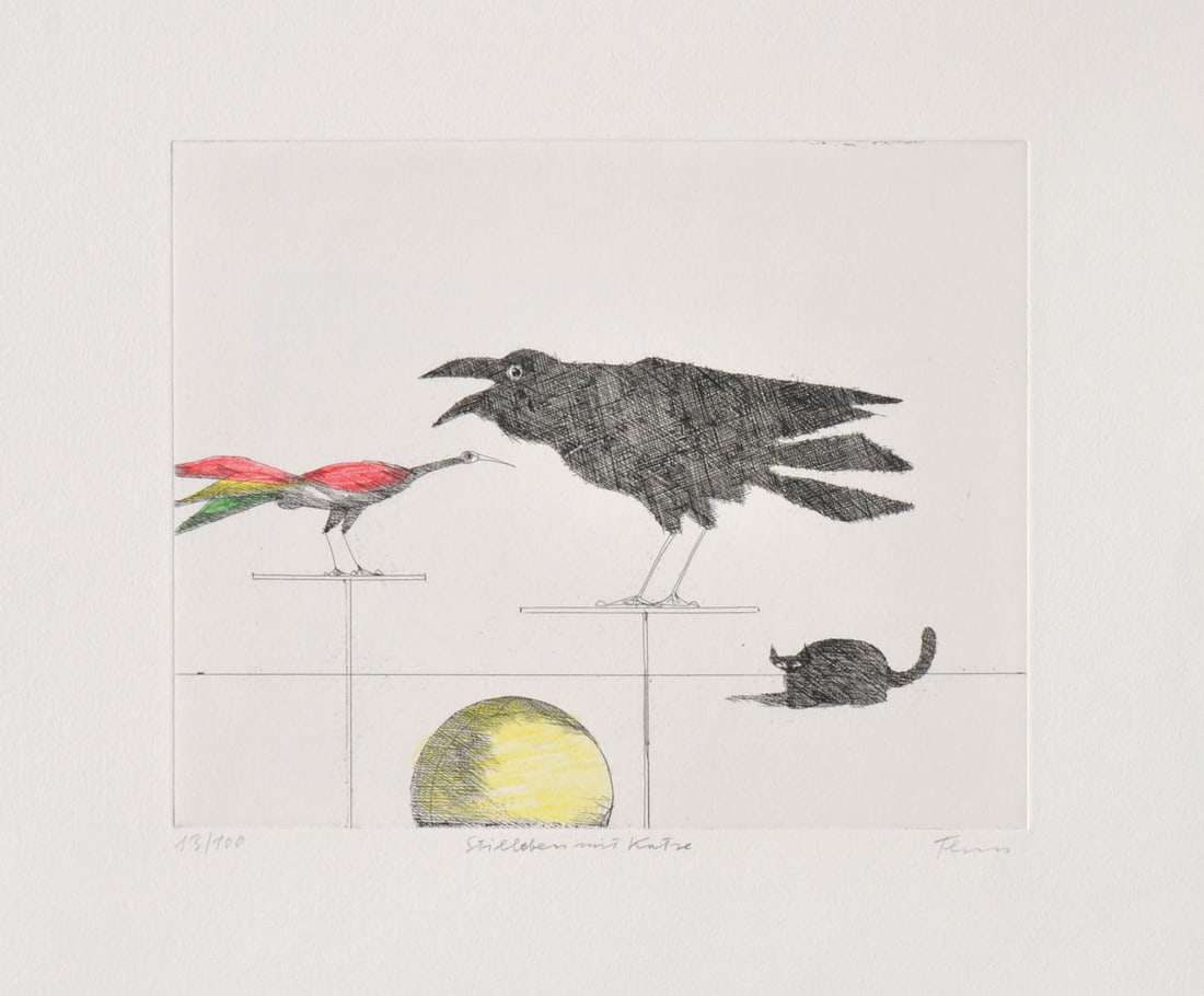 Paul Flora (Glurns/Glorenza 1922 - Innsbruck 2003): Stillleben mit Katze;Handkolorierte Radierung, 19,5 x 24,5 cm(Platte), 39,5 x 44,5 cm (Blatt)Handsigniert, betitelt u. nummeriert (13/100)