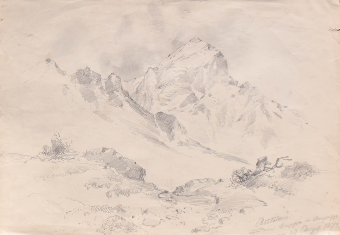 Karl Moser d. Ž./sen. (Bozen/Bolzano 1819 - 1882): Antelao in Ampezzo von der Creppa, 1872;Bleistift, 32,5 x 45 cm (innerhalb des Passepartouts),seitliche EinrisseBetitelt und datiert