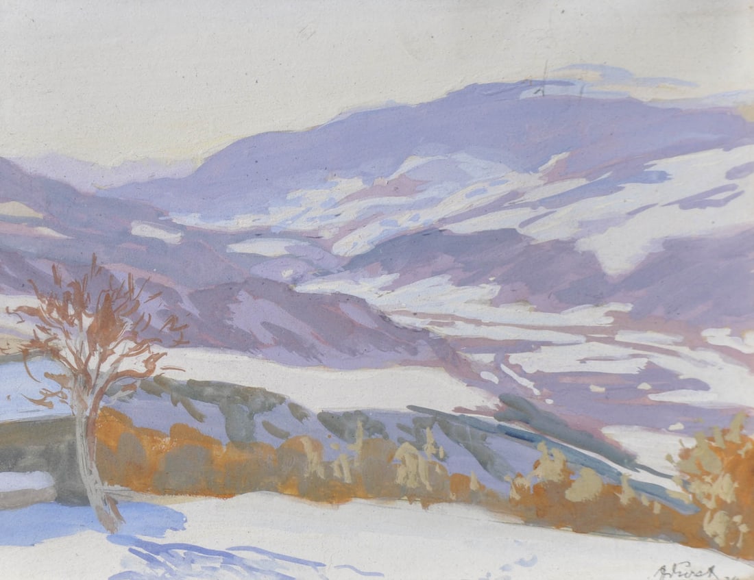 Josef Durst (Wien/Vienna 1878 - Brixen/Bressanone 1950): Das Eisacktal bei Brixen im Winter, 1924;Tempera auf Papier, 26 x 33,5 cm, gerahmtSigniert u. datiert