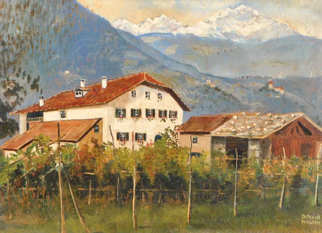David Pinggera: Meraner Landschaft;Öl auf Karton, 24,5 x 33,5 cm, gerahmtSigniert