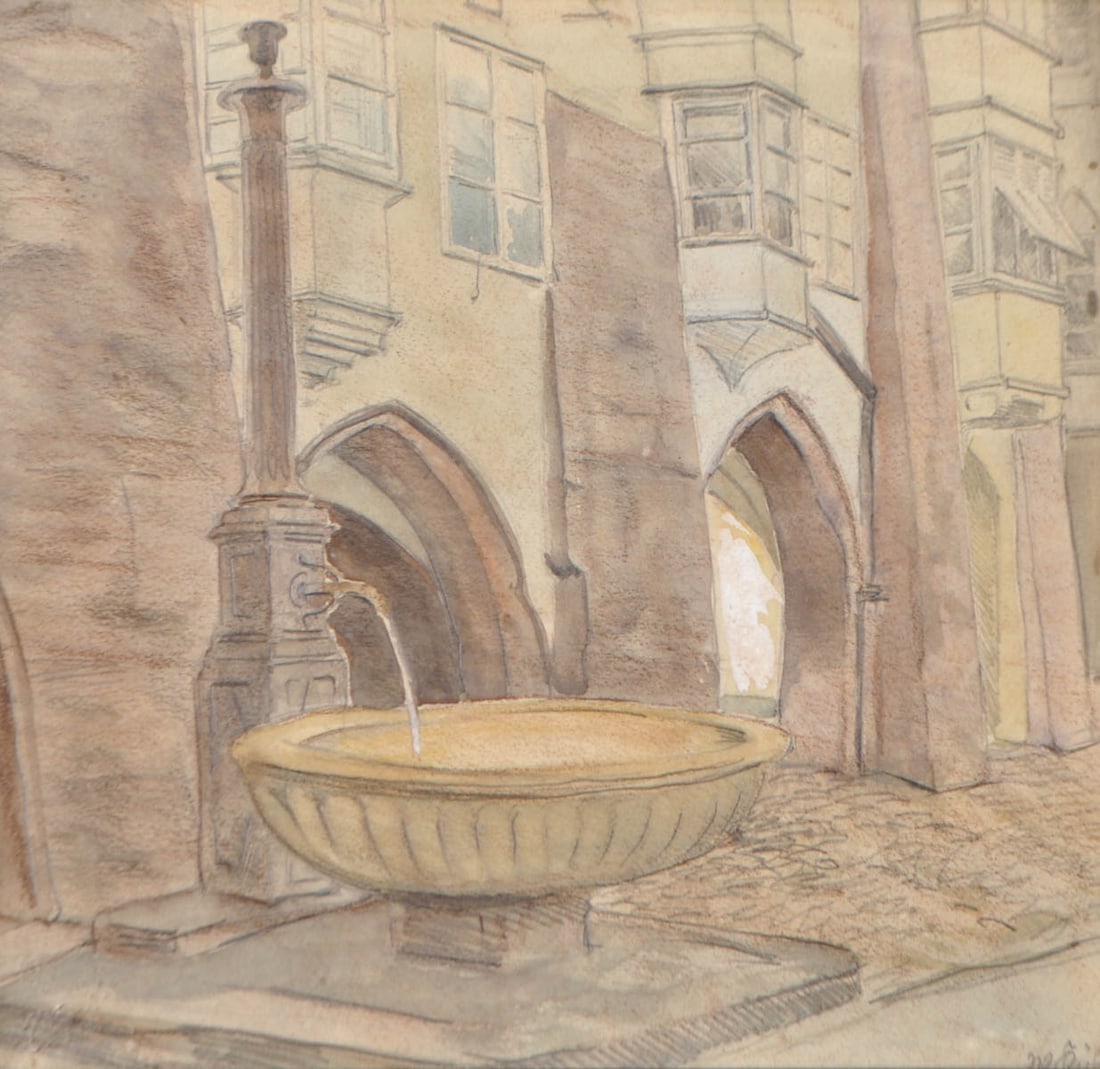 Carl Henrich Walter Kühn (Innsbruck 1895 - 1970): Brunnen in der Innsbrucker Altstadt;Mischtechnik auf Papier, 22,5 x 23,5 cm,gerahmtSigniert