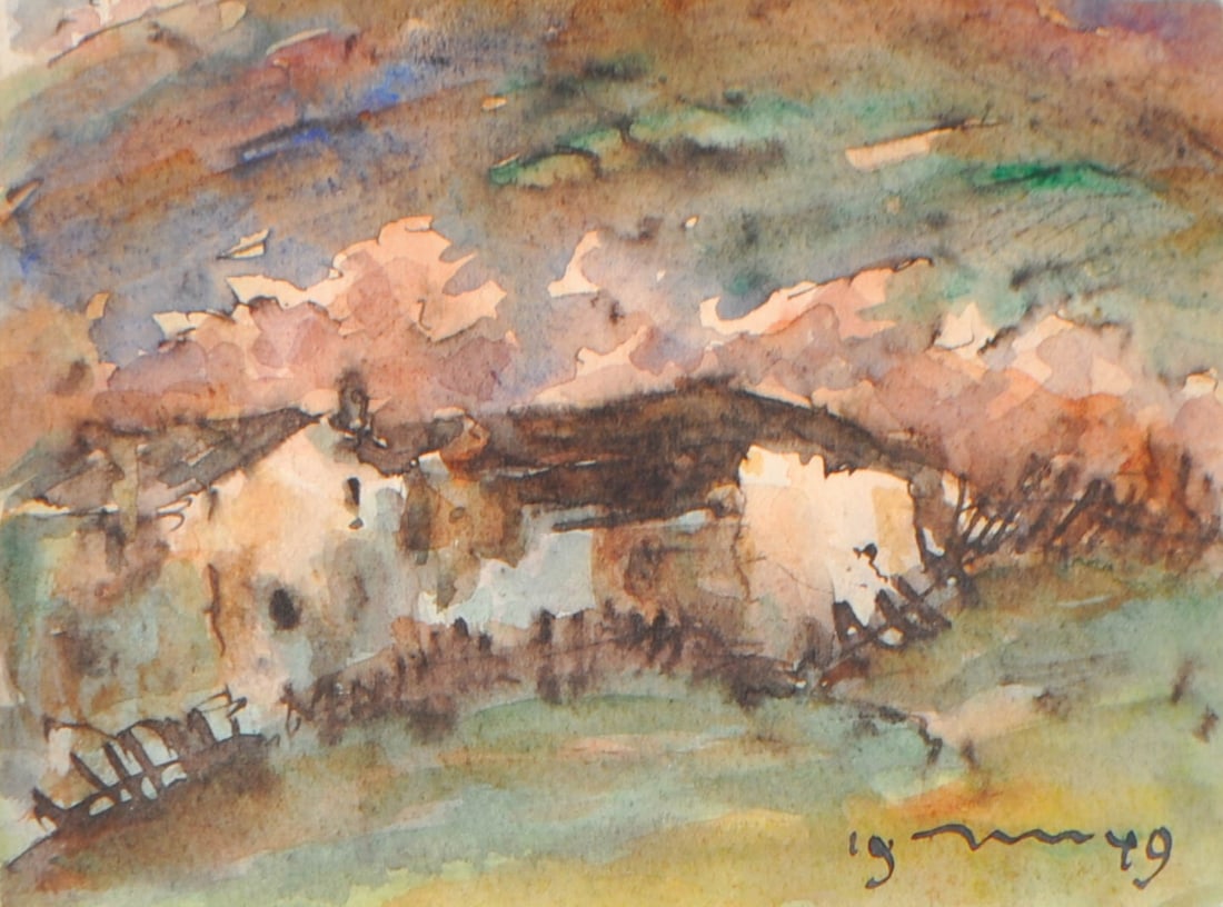 Josef Mahlknecht (Bozen/Bolzano 1886 - Meran/Merano 1953): Bauernhof im Vinschgau, 1949;Aquarell, Tusche, 11 x 14.5 cm, gerahmtMonogrammiert u. datiert