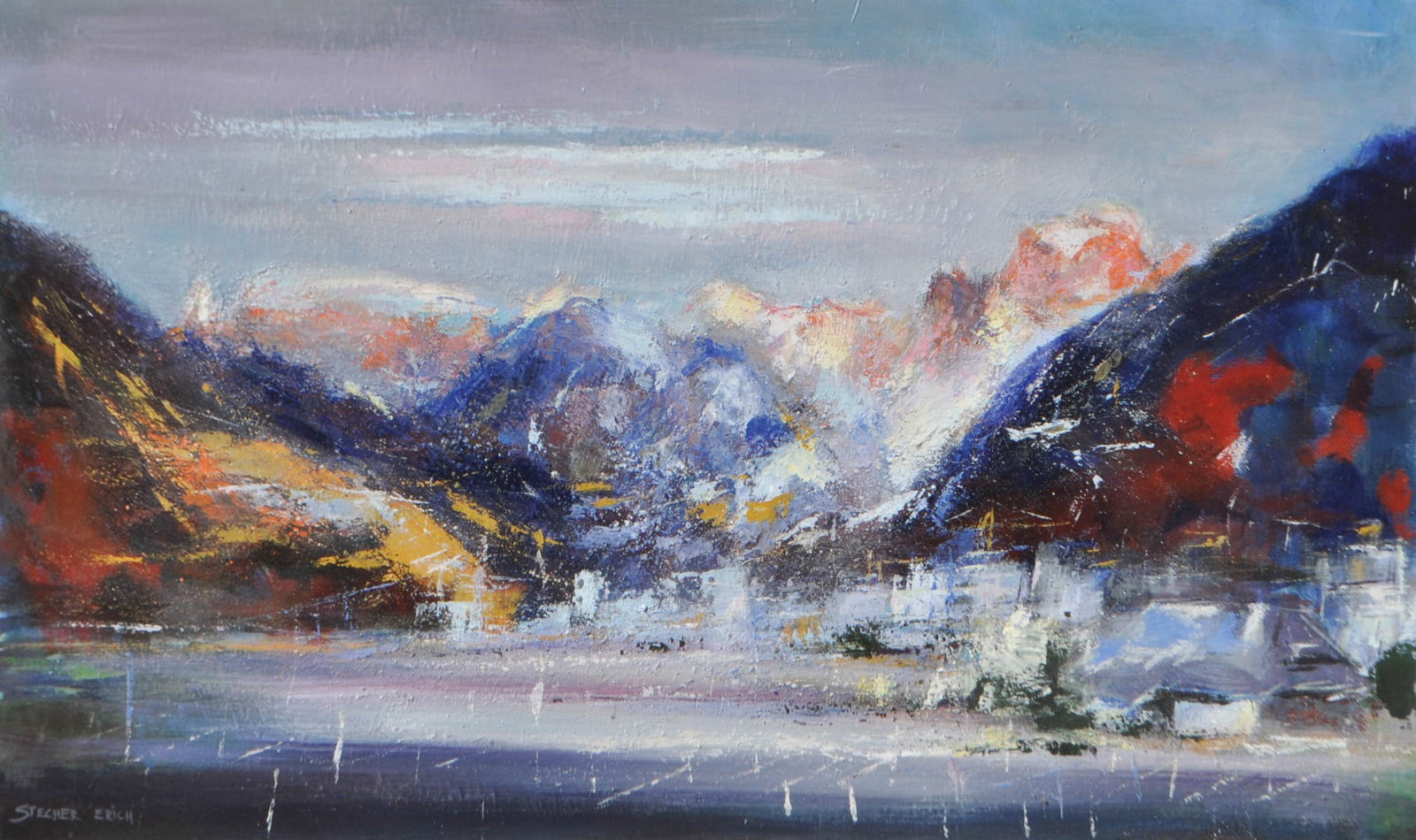 Erich Stecher (Mals/Malles 1960): Bozen mit Rosengarten und Schlern;Acryl auf Leinwand, 60 x 100 cm, gerahmtSigniert