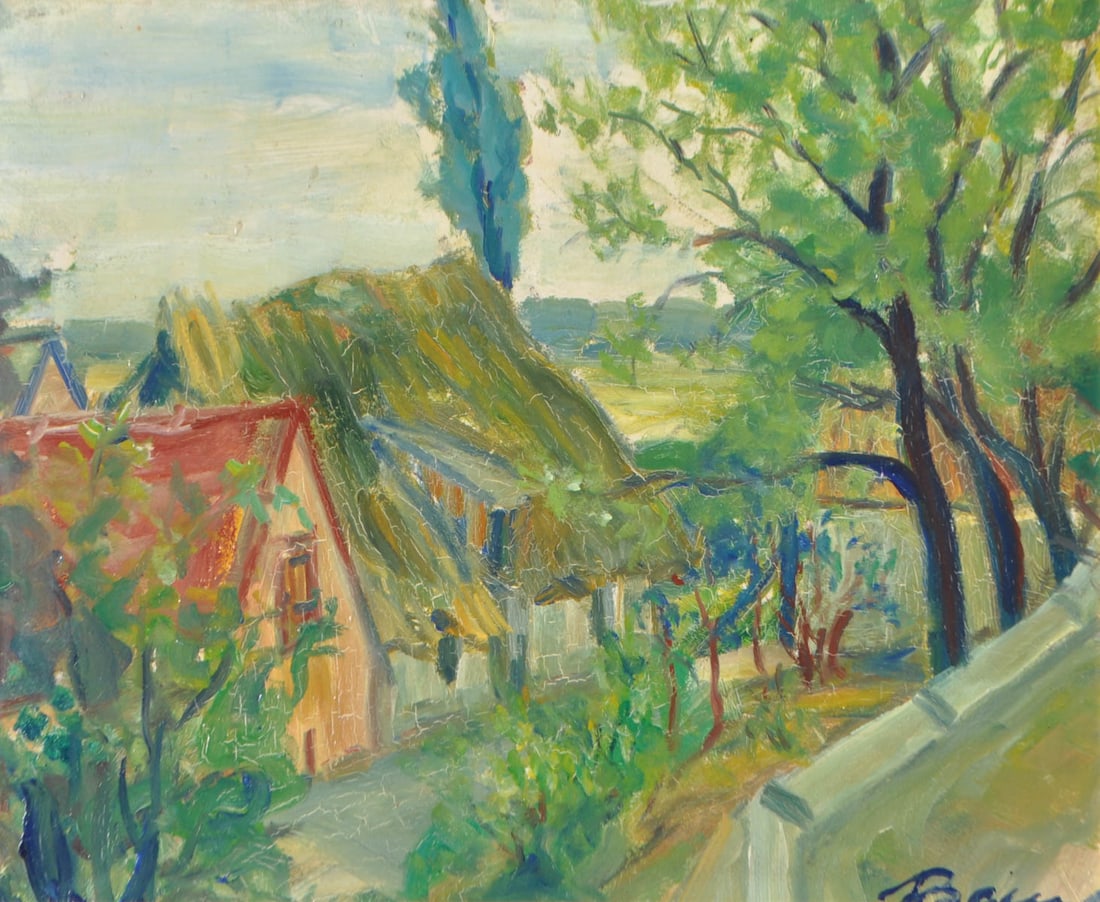 Luis Baur (Innsbruck 1919 - Visby, Schweden 1975): Gehöft;Öl auf Karton, 36,5 x 54,5 cm, Craquelé,gerahmtSigniert