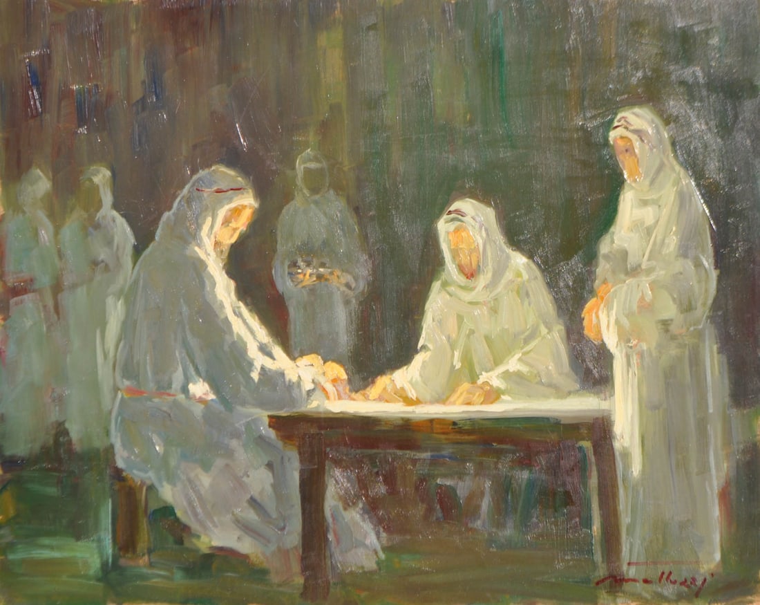 Guido Mattuzzi (Trentino 1903 - 1977): Die Zwei von Emmaus, 1970;Öl auf Karton, 40 x 50 cmSigniert