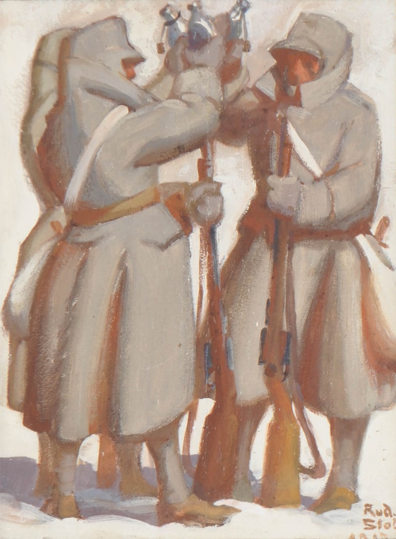 Rudolf Stolz (Bozen/Bolzano 1874 - Sexten/Sesto 1960): Waffenbrüderschaft, 1917;Entwurf für eine Ansichtskarte der Kriegsfürsorge Bozen Gries, 1917Tempera auf Holz, 34,7 x 25,7 cm, gerahmtSigniert u. datiert, rückseitig betitelt