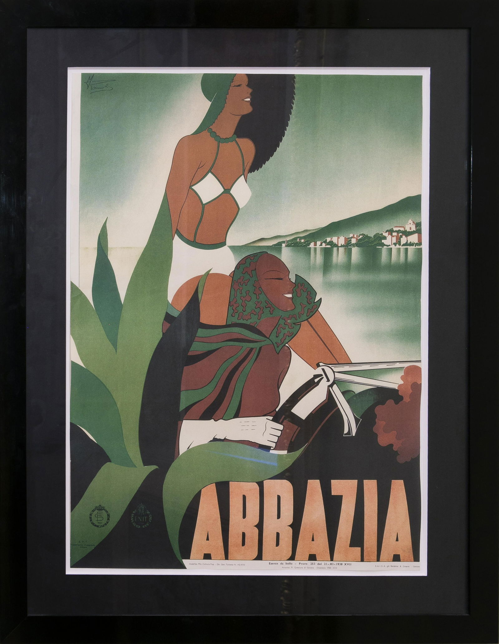 ABBAZIA: ABBAZIA Filippo Romoli (1901 - 1969) Second edition,'50s, offset poster Size cm. 69 x 48 Framed size cm. 88 x 69