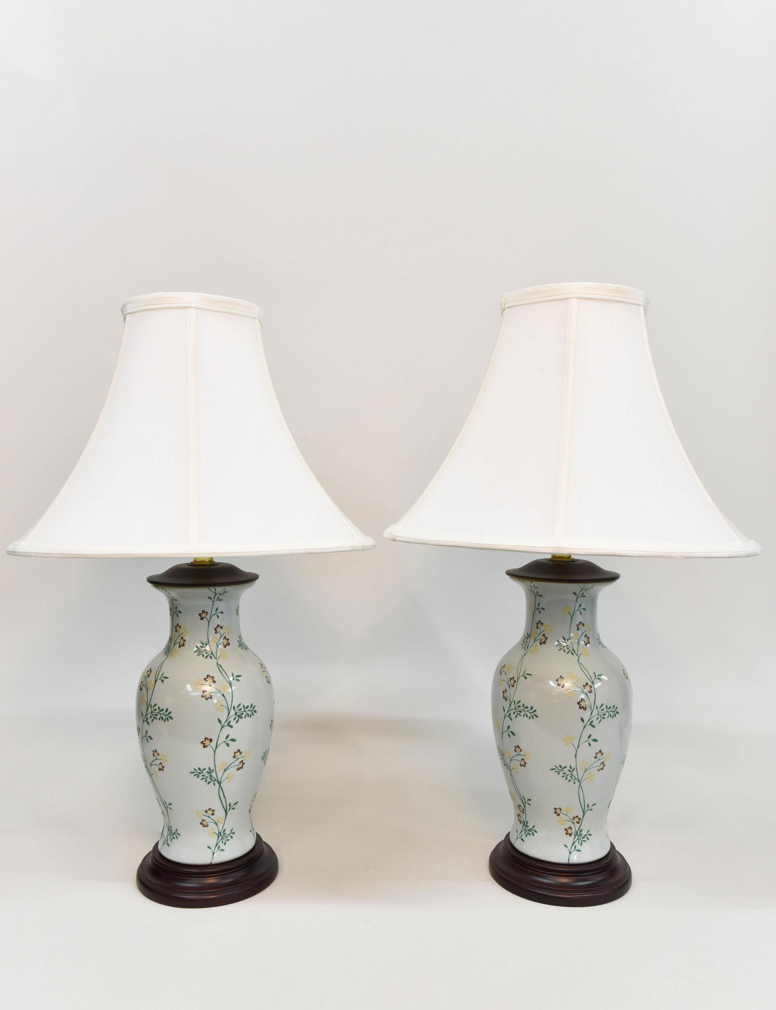 Rare Form Porcelain Wood Chinoiserie Floral Urn Lamp Pr (1 of 3)