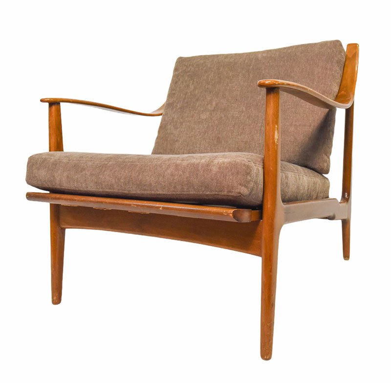 Style of Erik Worts Danish Modern Lounge Chair: Cantilever seat, reinforced tape over a cross stretcher, chair is upholstered, arms and shaped vertical supports after Erik Worts. Note there is a limiting condition on this item, tape is detached on
