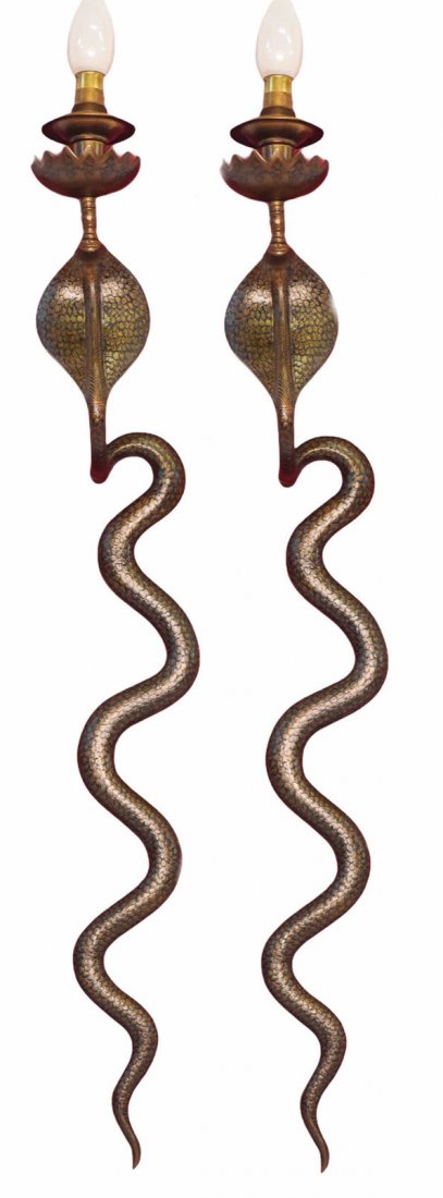 Hollywood Regency Bronze Cobra Wall Sconces (1 of 7)