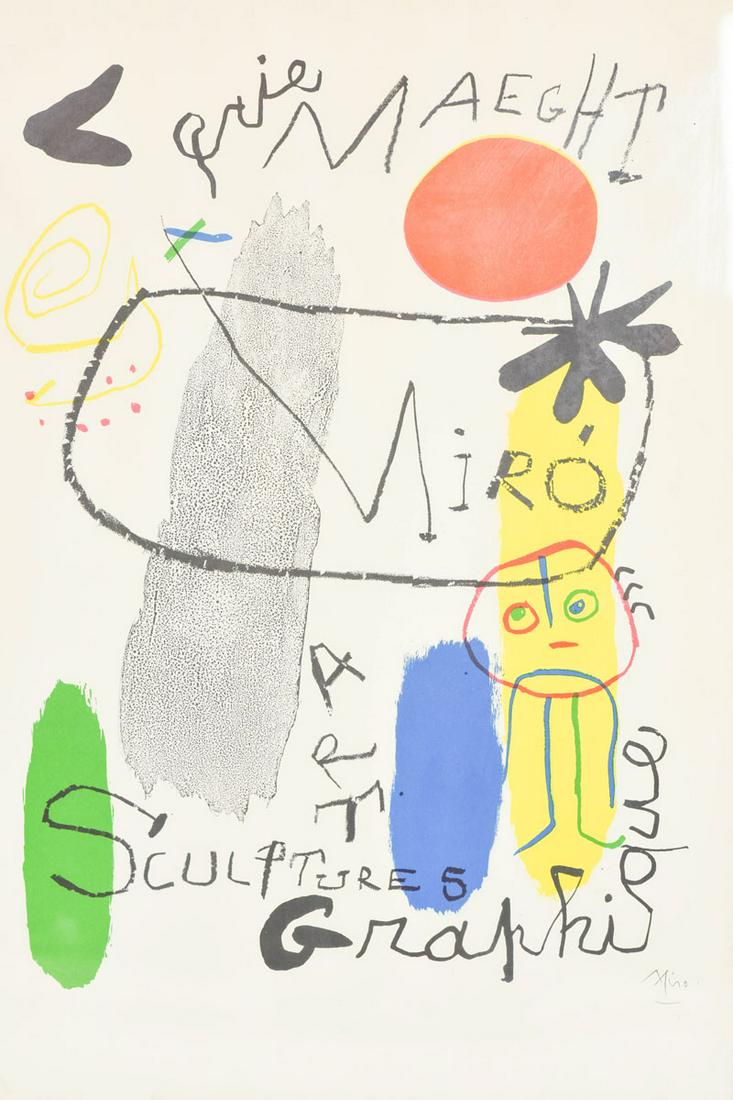 Miro Galerie Maeght Miro Sculptures Art Graphique: Surrealist Joan Miro "Sculpture Art Graphique” Lithographic Poster reminiscent of Lucienne Day textiles in a primary color palette.