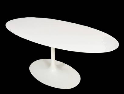 Maurice Burke for Arkana, UK White Tulip Dining Table: Oval, Saarinen Style tulip table with flared foot made of powder coated aluminum.