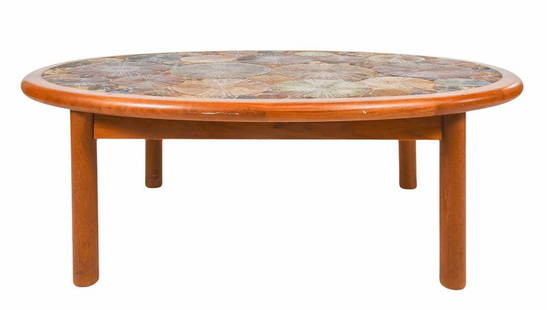 Tue Paulsen for Haslev Art Tile Coffee Table: 1960s Tue Poulsen designed for Haslev Mobelsnedkeri A/S production; a Denmark Ceramic & Teak coffee table. Matte glazed circular ceramic cosmati top, all inset in earth tone shades brown, cream, rust,