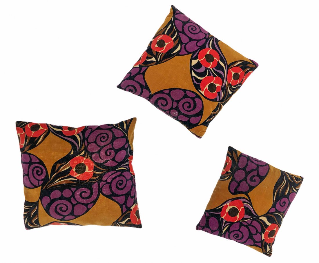 House of Biba Style Mod pillows.: Hyper colored soft pile velvet set of pillows in an undulating art nouveau pattern.
