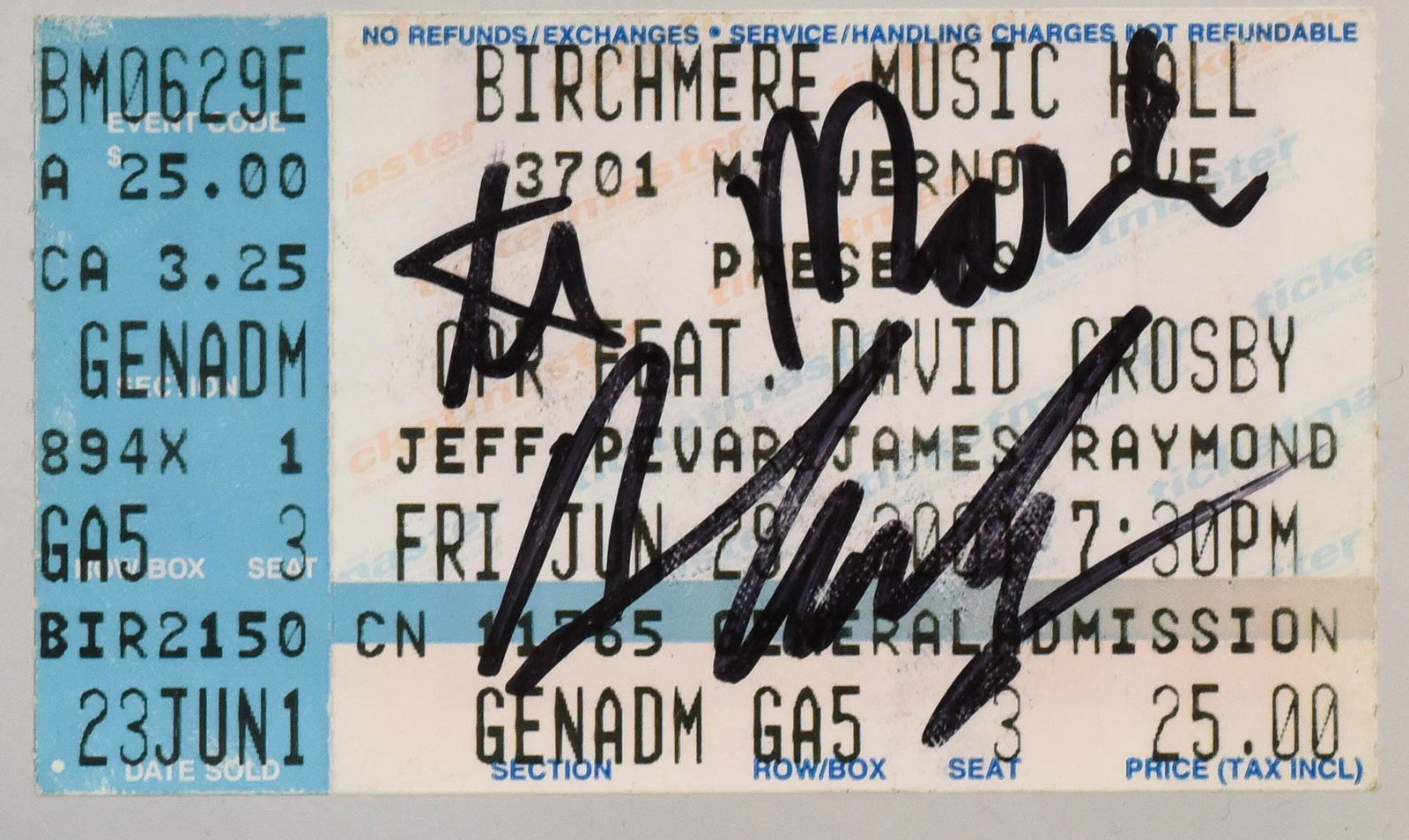 Signed OPR FT. David Crosby Concert Ticket: SIGNED OPR FT. David Crosby Jun 29, 2001