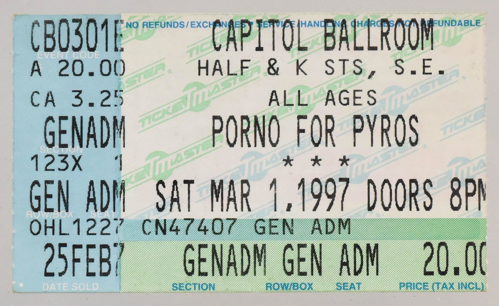 Porno for Pyros Concert Ticket: Capitol Ballroom Porno for Pyros Mar 1, 1997