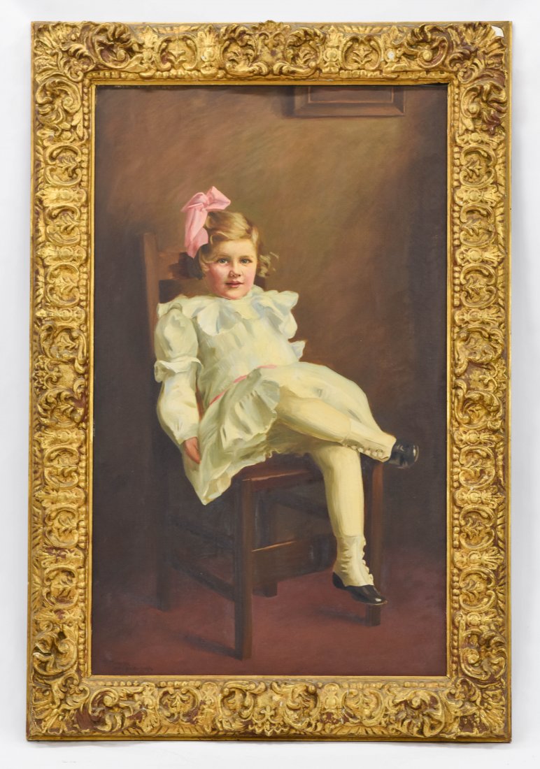 Large Framed 1903 Oil Portrait of Mary Stuart Green: Oil on canvas from 1903. Work is framed in a heavy carved gesso and gilt frame with elaborate scrolling.