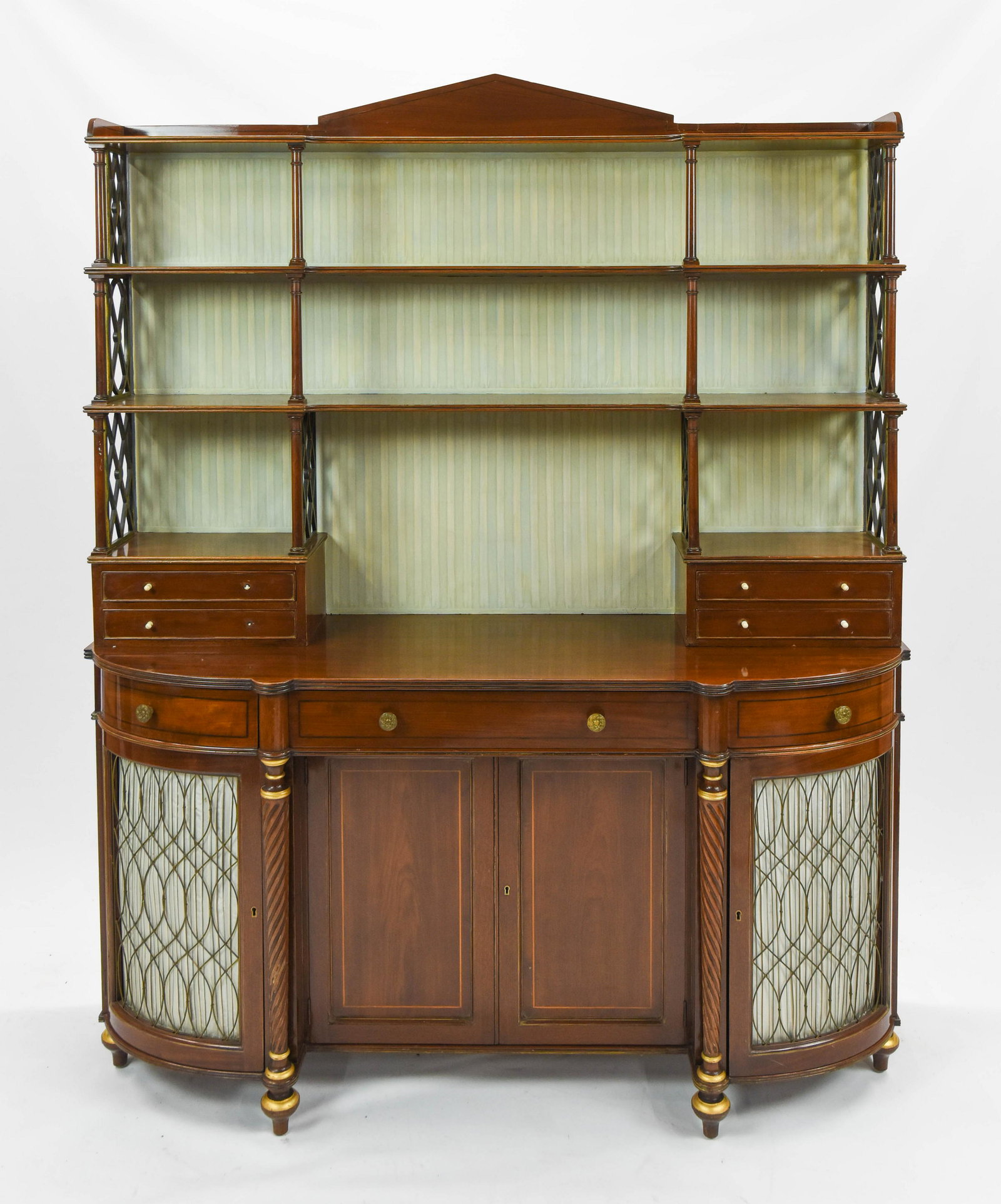 Antique Georgian Silk Backed Étagère Shelf Cabinet: Two galleries with two drawers, all on raised short gilt legs.