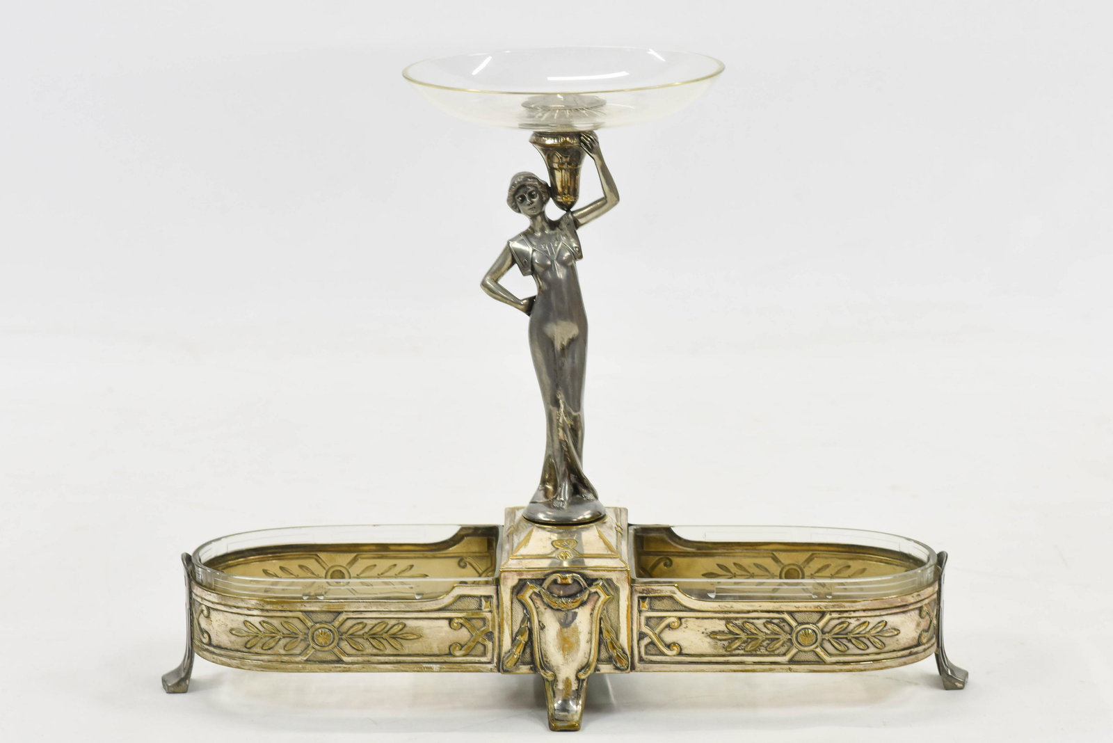 Antique Belle Époque Silverplate & Glass Centerpiece: Overall a large eye-catching antique dining piece. Some silver is worn as shown down to brass, otherwise a fine and rare piece.