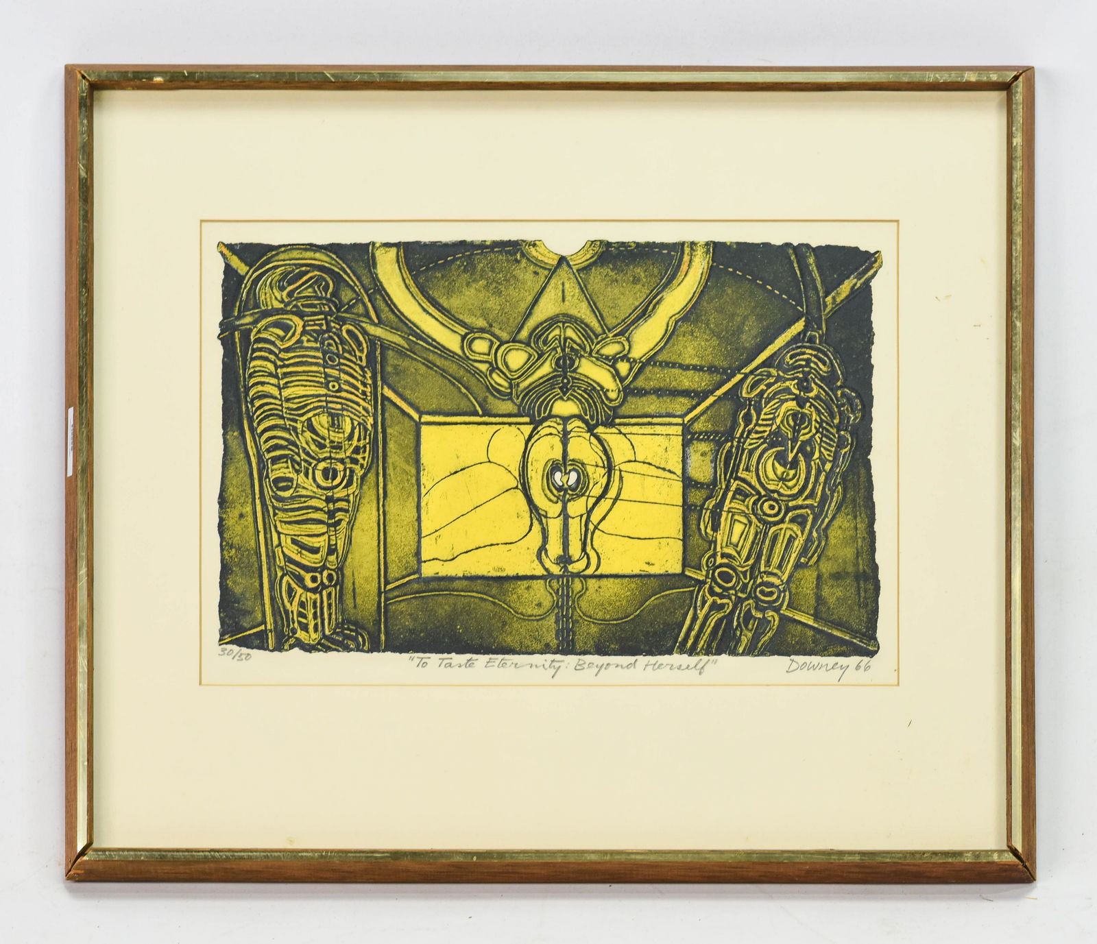 Downey, Juan "To Taste Eternity: Beyond Herself" 1966: Image size 11" X 17 1/8". Framed and matted under non-glare glass. Edition 30/50. Downey 1966. To Taste Eternity: Beyond Herself, from the Suite "The Awareness of Love". ::: Juan Downey has had solo e