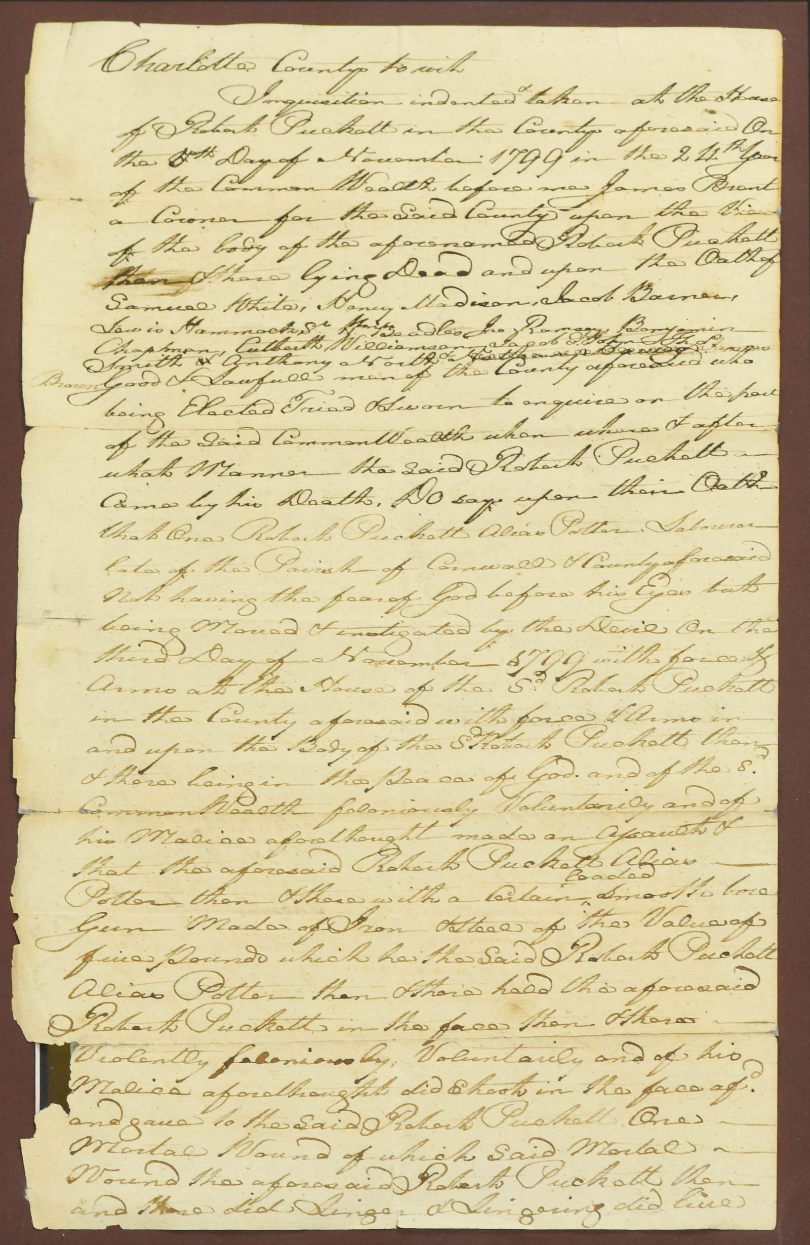 Framed Handwritten 18thC Death Document 1799 (1 of 4)