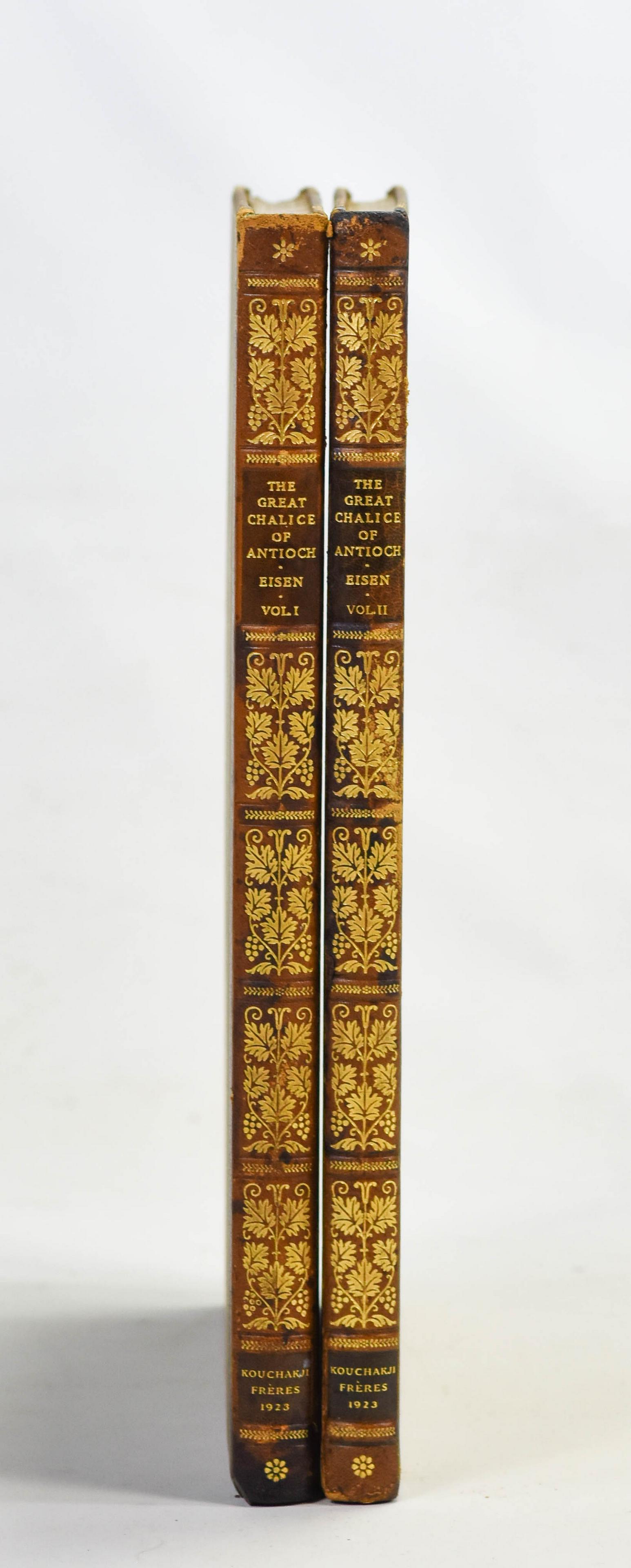 Eisen, Gustavus A. The Great Chalice of Antioch: Published by Kouchakji FrŽres, New York, 1923., TWO-VOLUME SET of text and pages. Elephant Folio (18 1/4 x 15"). 194pp (Text) + 60 leaves of plates. Uncut. Original black morocco over gilt-stamped ol