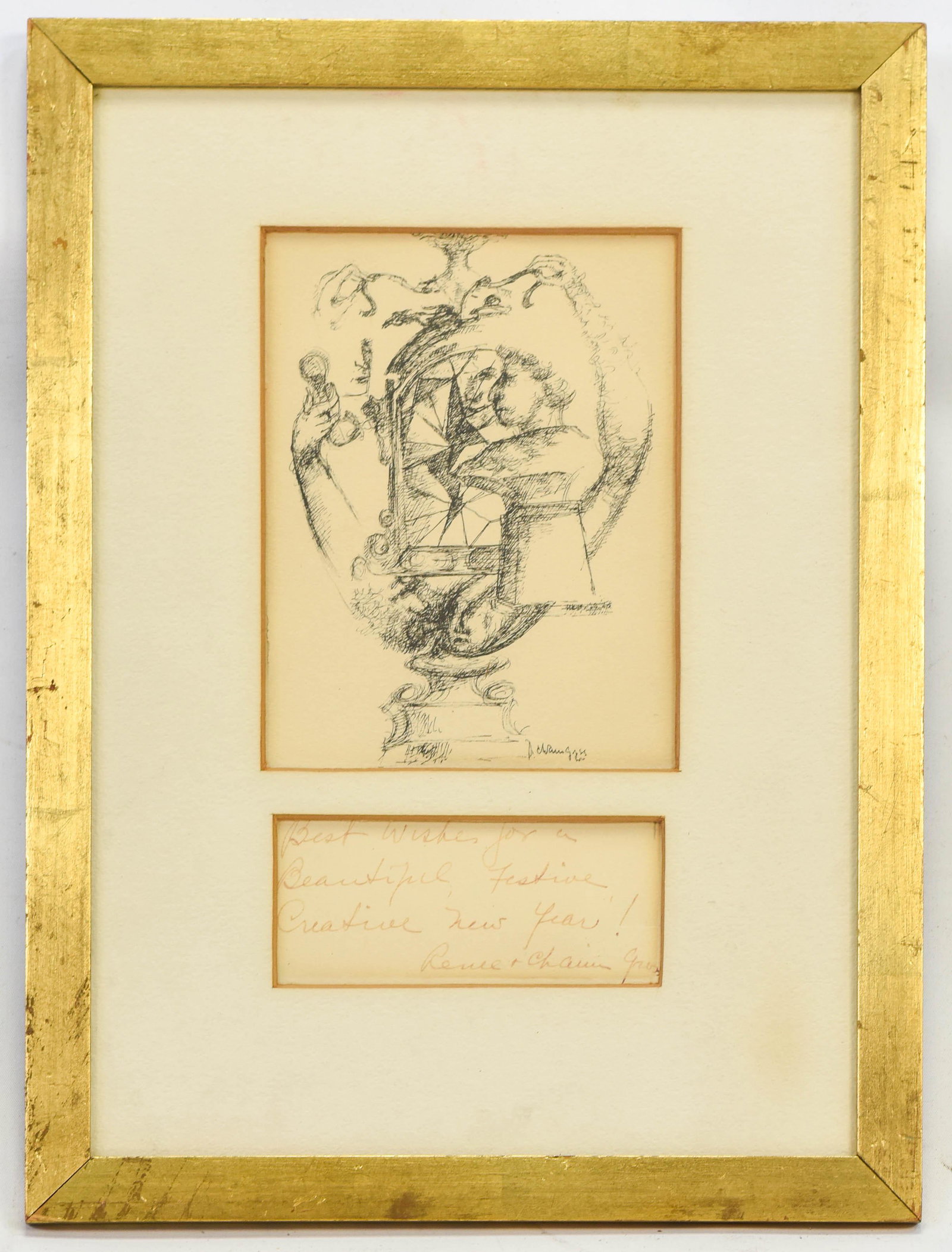 Gross, Chaim "Framed Holiday Greeting Card" 1955: Frame size approx. 10 7/8" X 14 1/2". Framed under glass and signed as shown. Gross holiday cards are scarce.