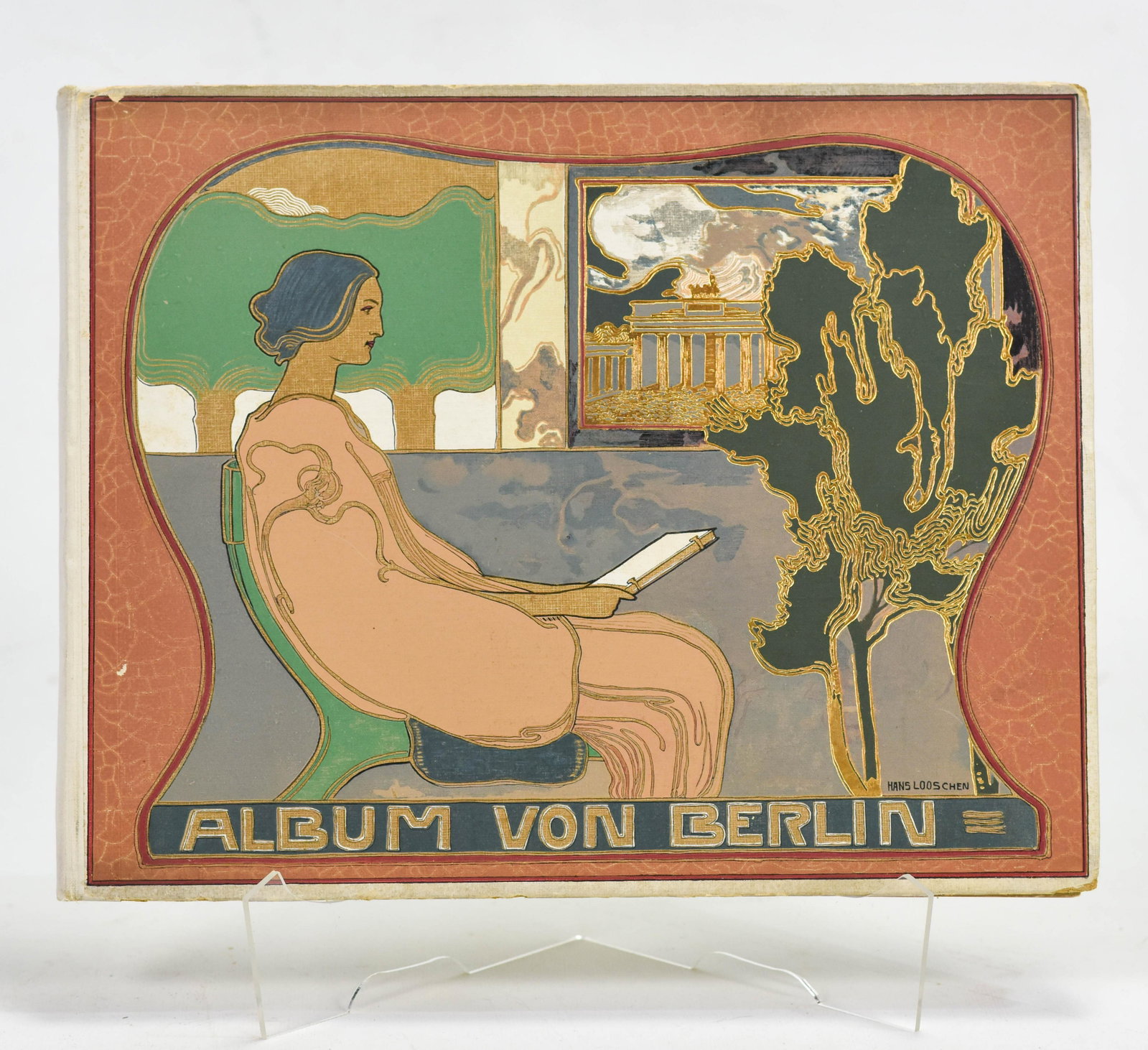 Looschen, Hans. Album von Berlin - Charlottenburg ca.19: Published by Berlin: Globus Verlag Gm.bH, 1904., Arts & Crafts cover by Hans Looschen. Rare views of Berlin before WWII bombing destoyed much of this area. 5 large panoramas and 124 views based on sna