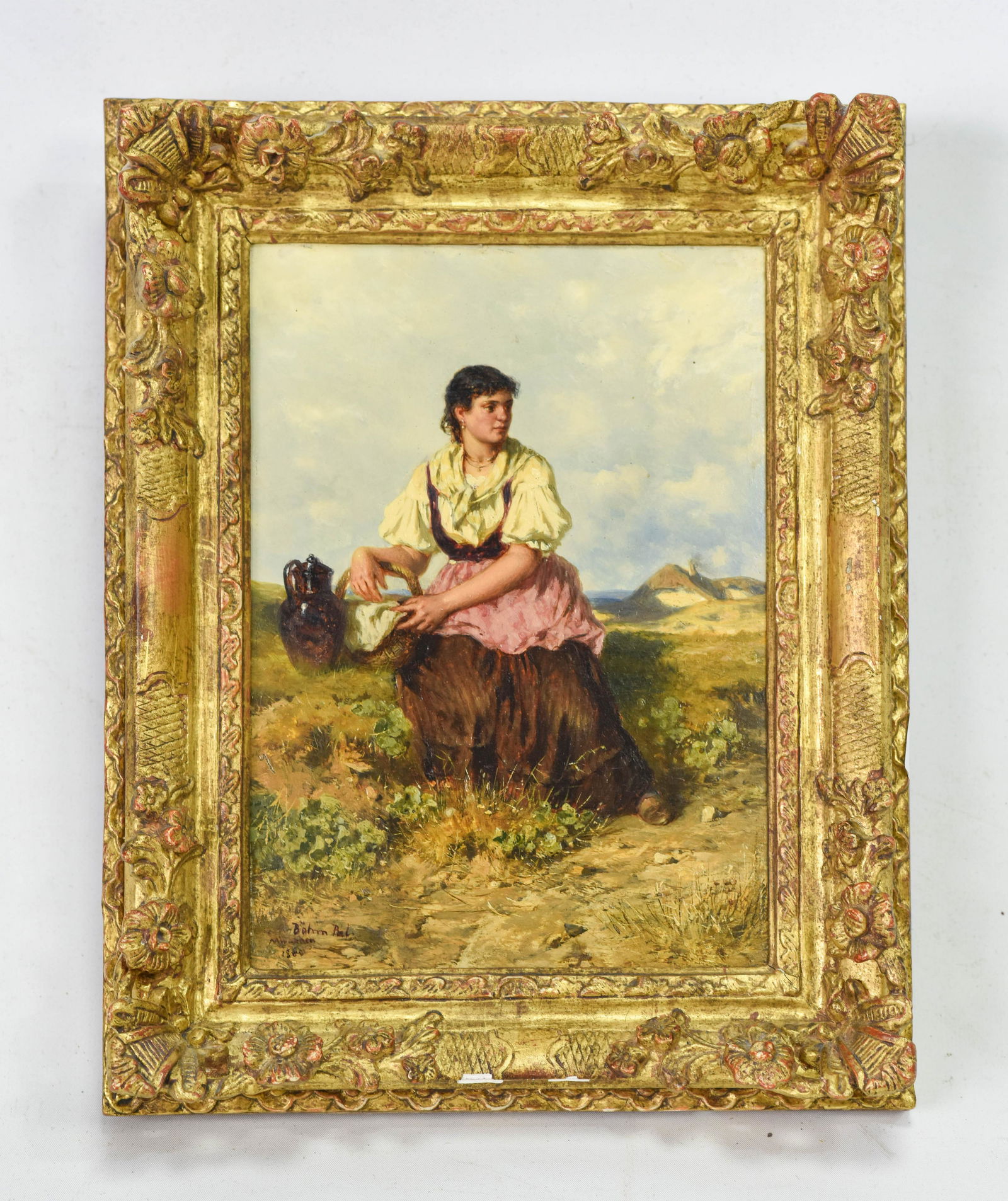 Bohm, Pal "Peasant Farm Girl Sitting" Oil Panel ca.1860 (1 of 6)