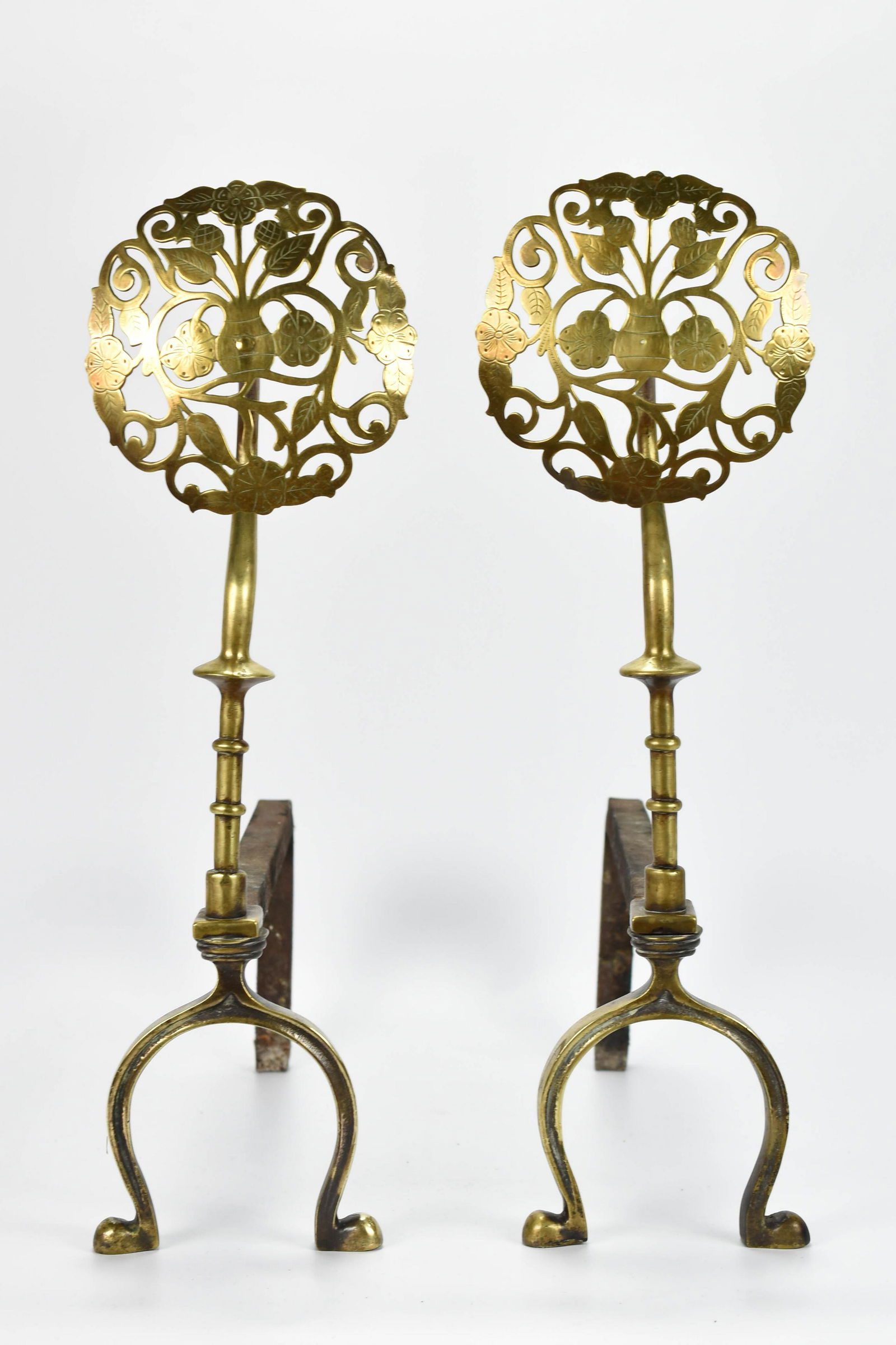 Antique 19thC Pierced Brass Flower Top Andirons (1 of 8)