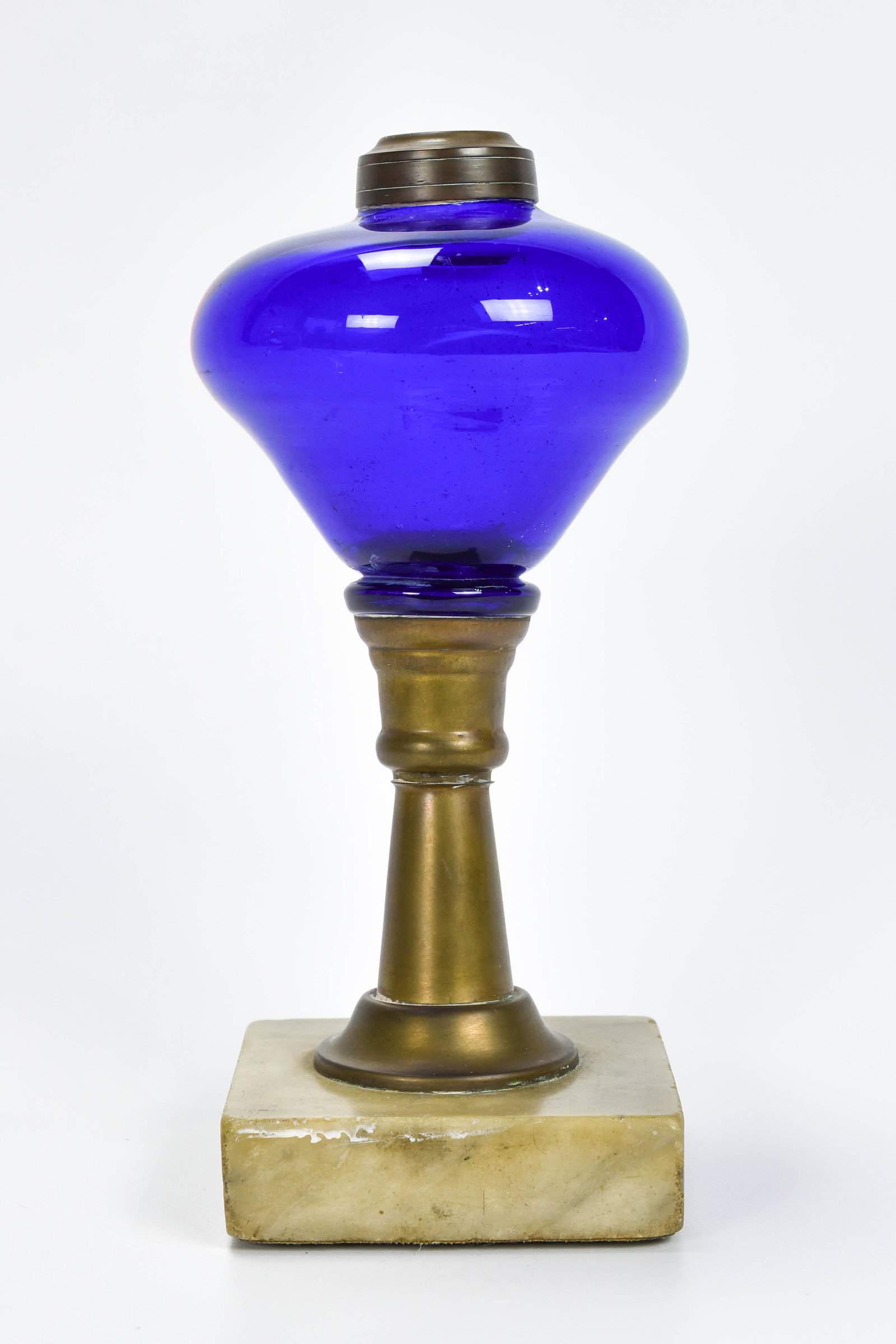 Antique Blown Cobalt Blue Glass Oil Lamp: Circa 1850s. Marble Base. NO chips or cracks.