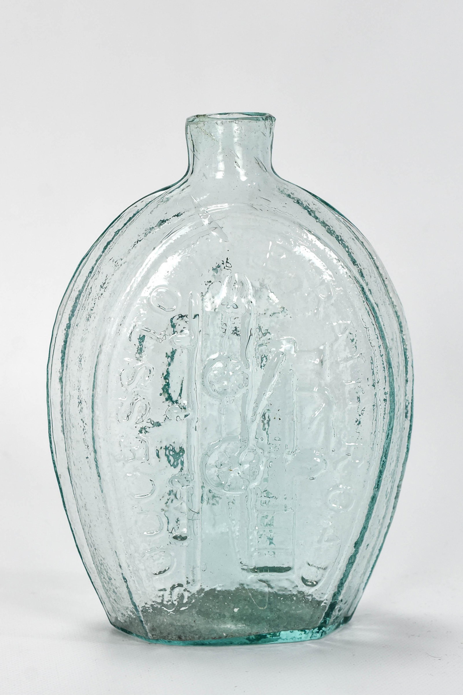 Aquamarine "Success to the Railroad" Pint Flask: First half 19thC. No chips or cracks. Aquamarine seems to be a rare color in this particular mold. Purchased for $60 from Gertrude Hall, Buffalo NY 1927. Pictured in the Magazine Antiques Vol XXXVIII
