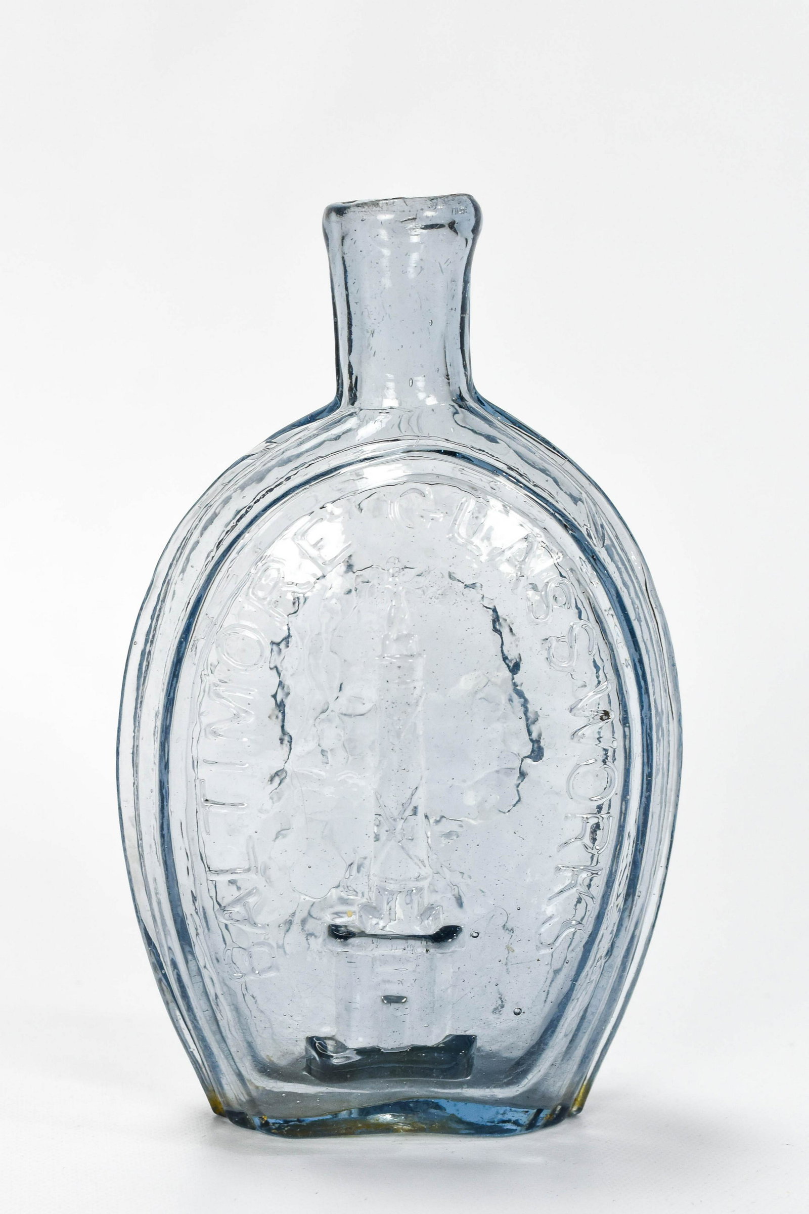 Washington Baltimore Glass Works Pint Flask-McKearin: Very light blue, perhaps this is clear with a blue tint. First half 19thC. No chips, no cracks. The notes suggest "Bluish-Aqua" color. Purchased for $76.50 from George McKearin, NYC, on June 3rd, 1929