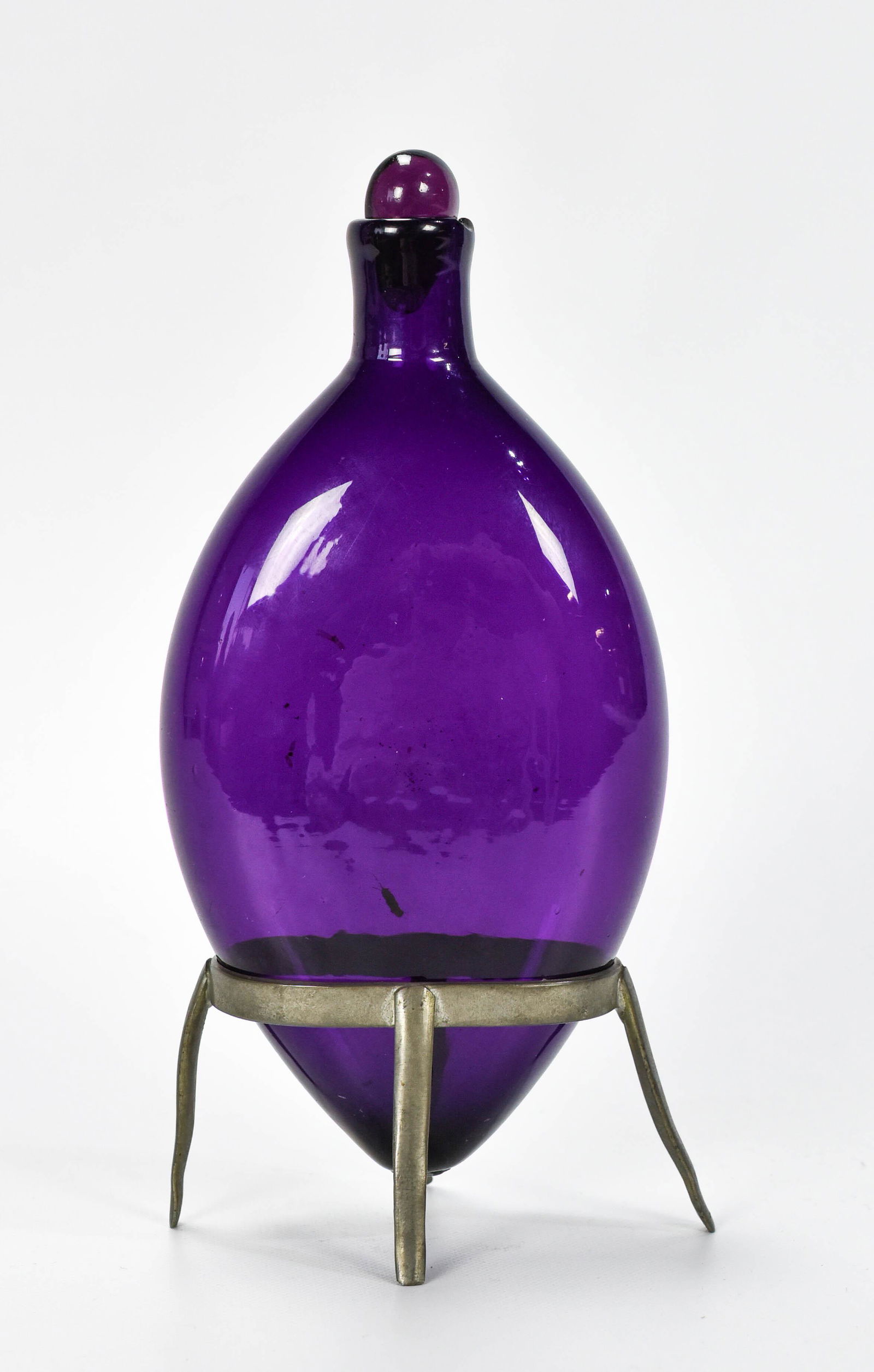 Amethyst Glass Bottle w/Pointed Foot on Pewter Stand (1 of 10)