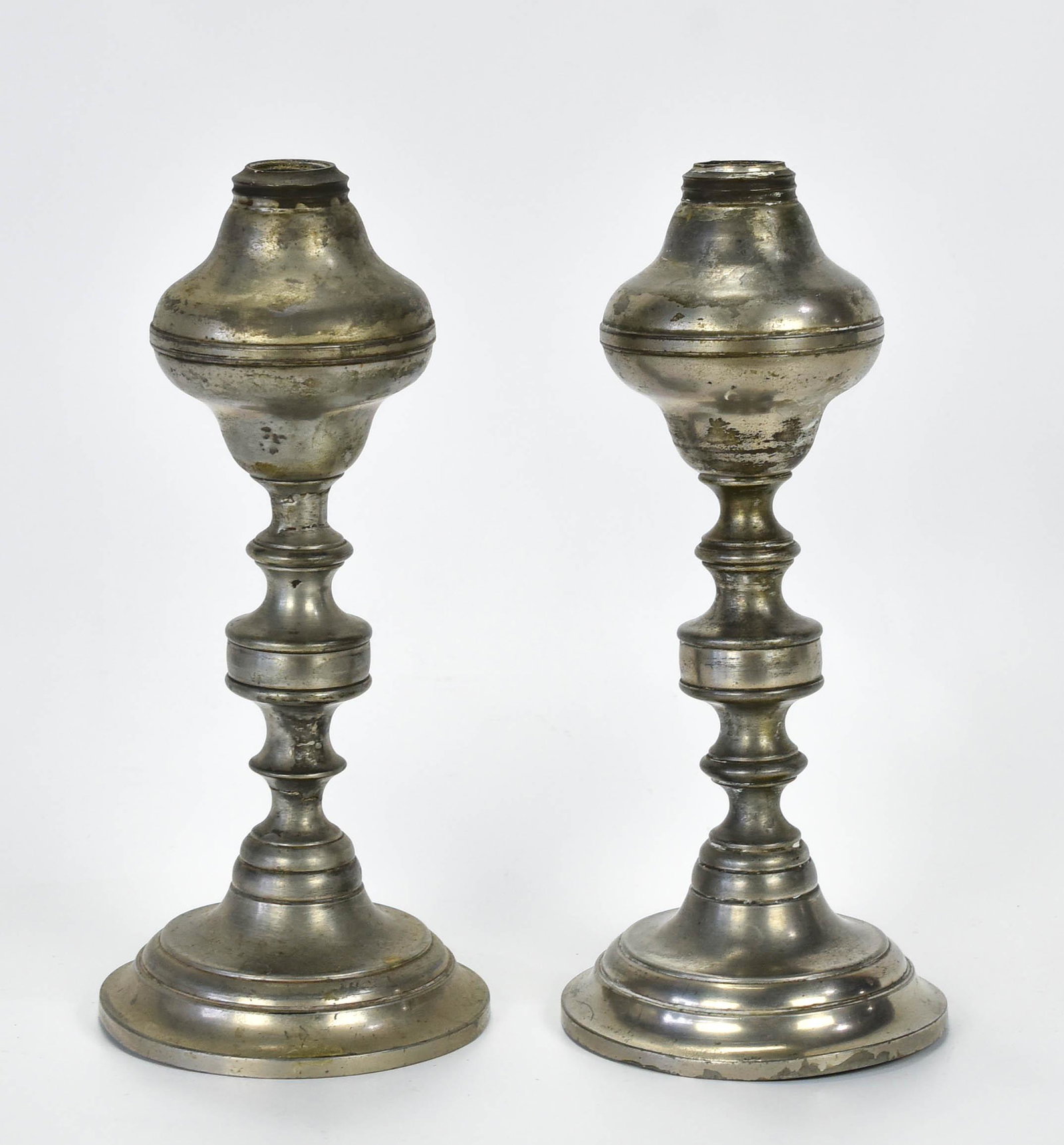 Antique 19thC Eben Smith Pewter Whale Oil Lamp Pair: Mid 19thC. Fine original condition with no major dents dings or repairs. This pair is pictured in Pewter in America (Ledlie Laughlin) plate LXXV no. 649. Called a "Lozenge-Top" lamp. Like most of the 