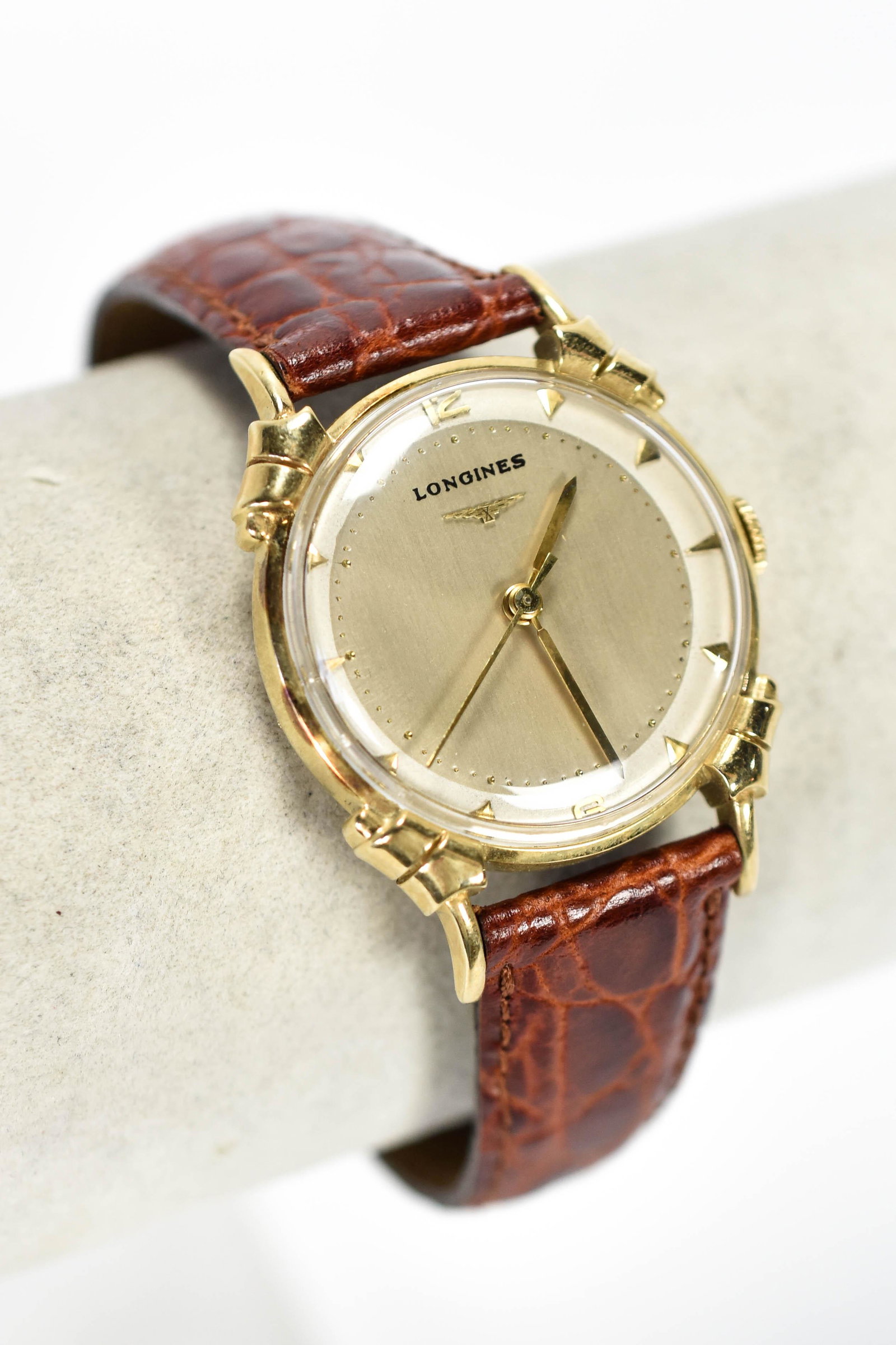 Longines Art Deco 14K Gold Men's Wristwatch: Excellent condition, both case and dial. 17 jewel movement number 22LS. Unusual lugs. Works well. Brand new leather band. Case measures approx. 29mm.