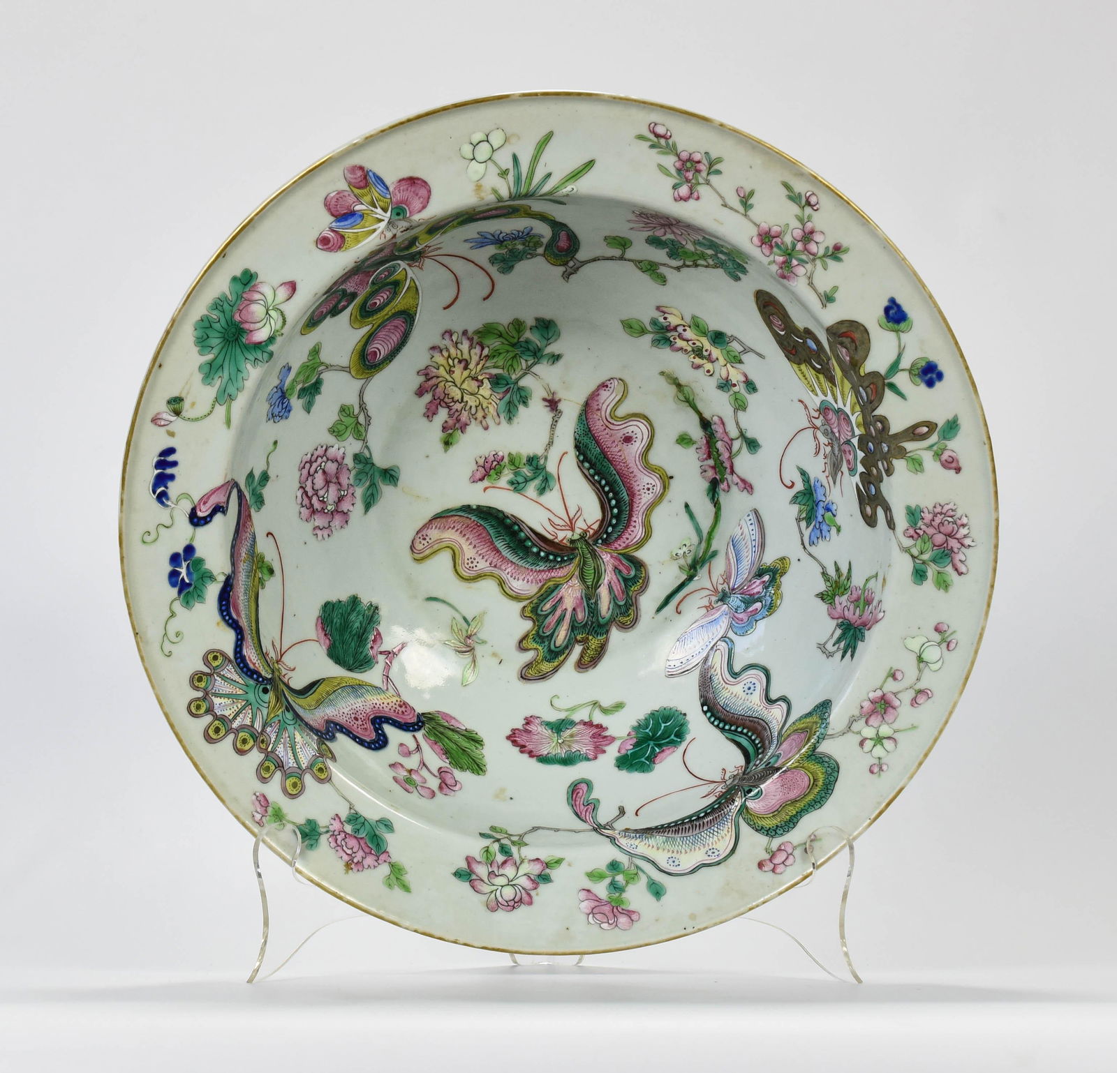 Antique Chinese Famille Rose Butterfly 16" Wash Bowl (1 of 7)