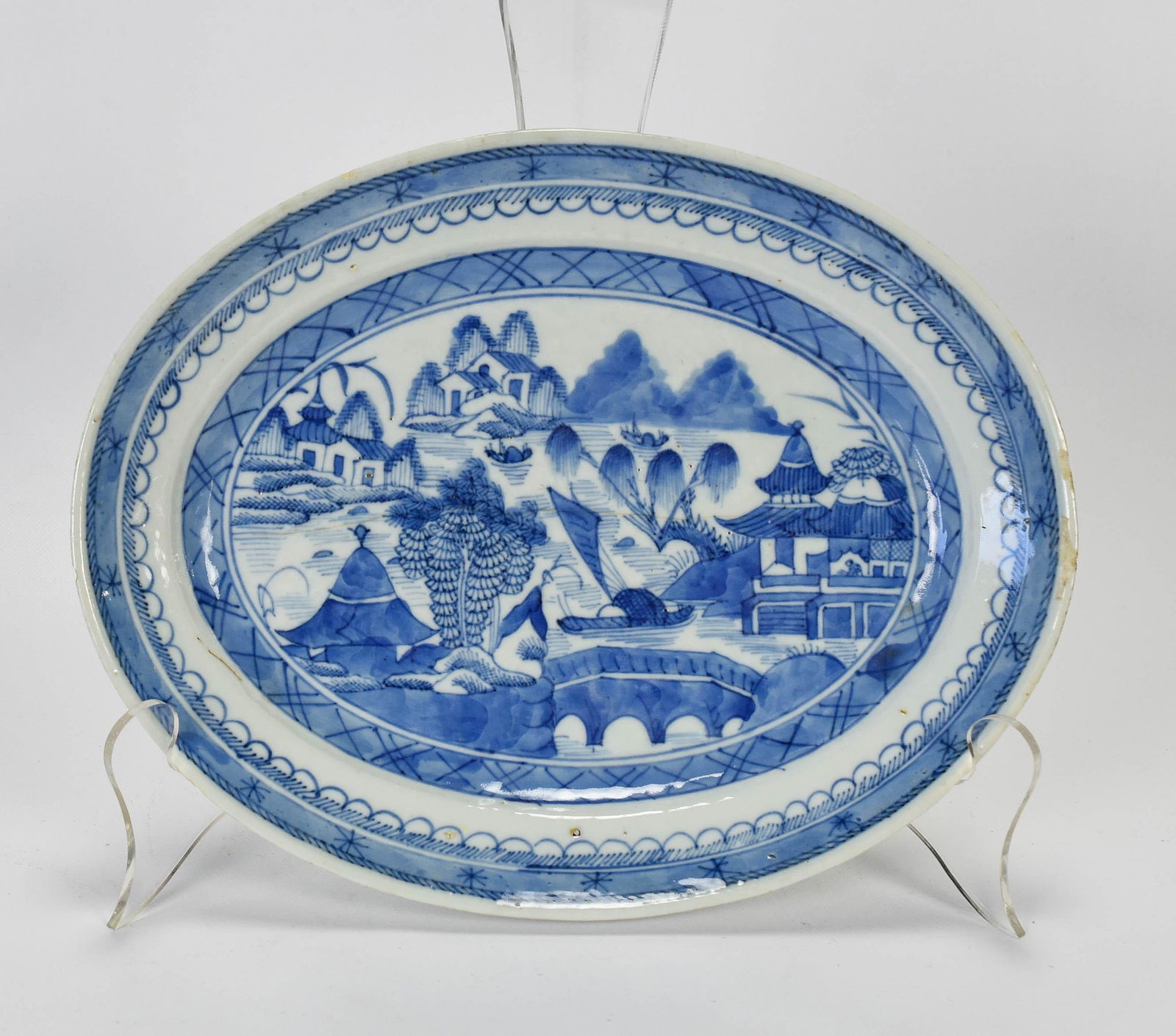 Antique 19thC Chinese Canton Oval Blue White Platter (1 of 7)