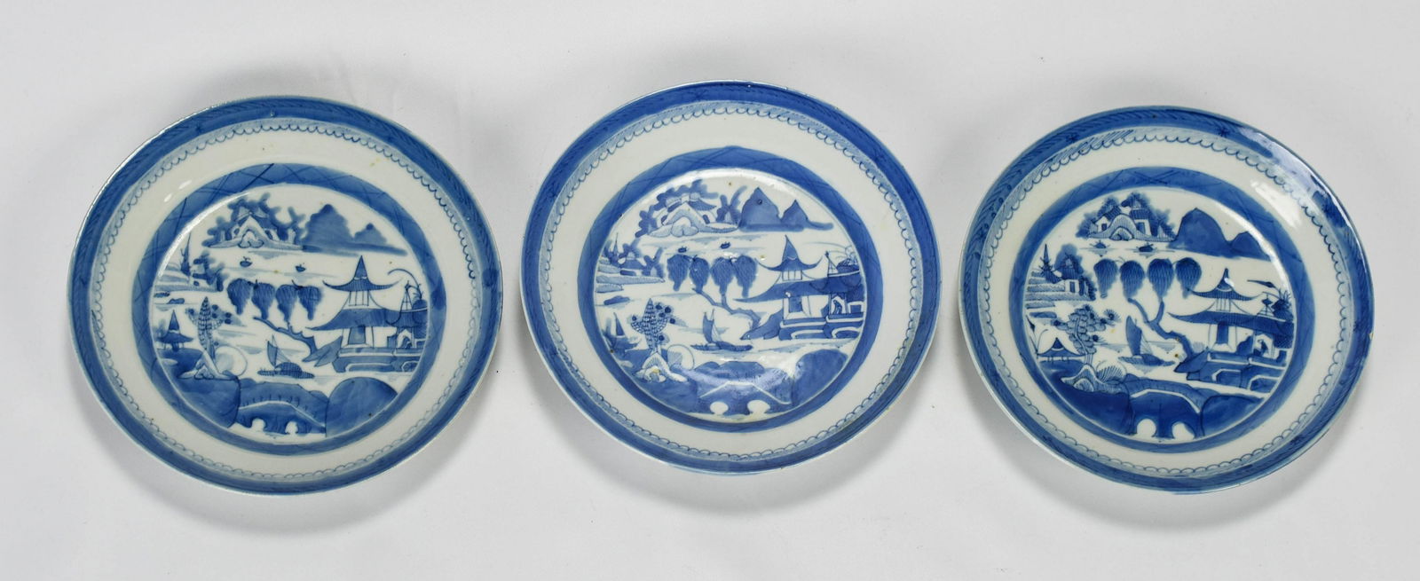 Three Antique Chinese Canton Blue White Dinner Plate (1 of 6)