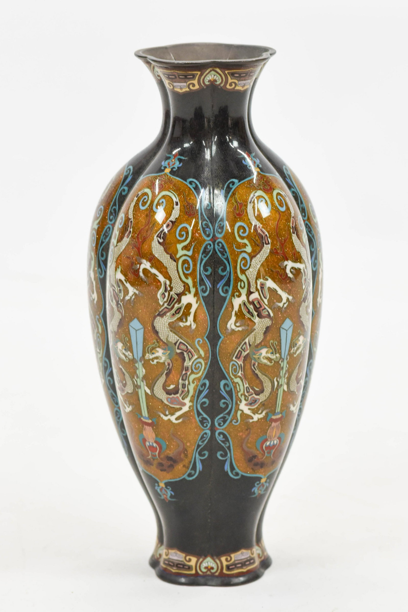 Fine 15" Antique Meiji Japanese Cloisonne Lobed Vase: Meiji period ca. 1880-1910. Good overall condition-one ding as shown, otherwise fine. This amazing 14 3/4" tall five lobed vase shows off goldstone mixed with other bright enamels, creating a dragon a