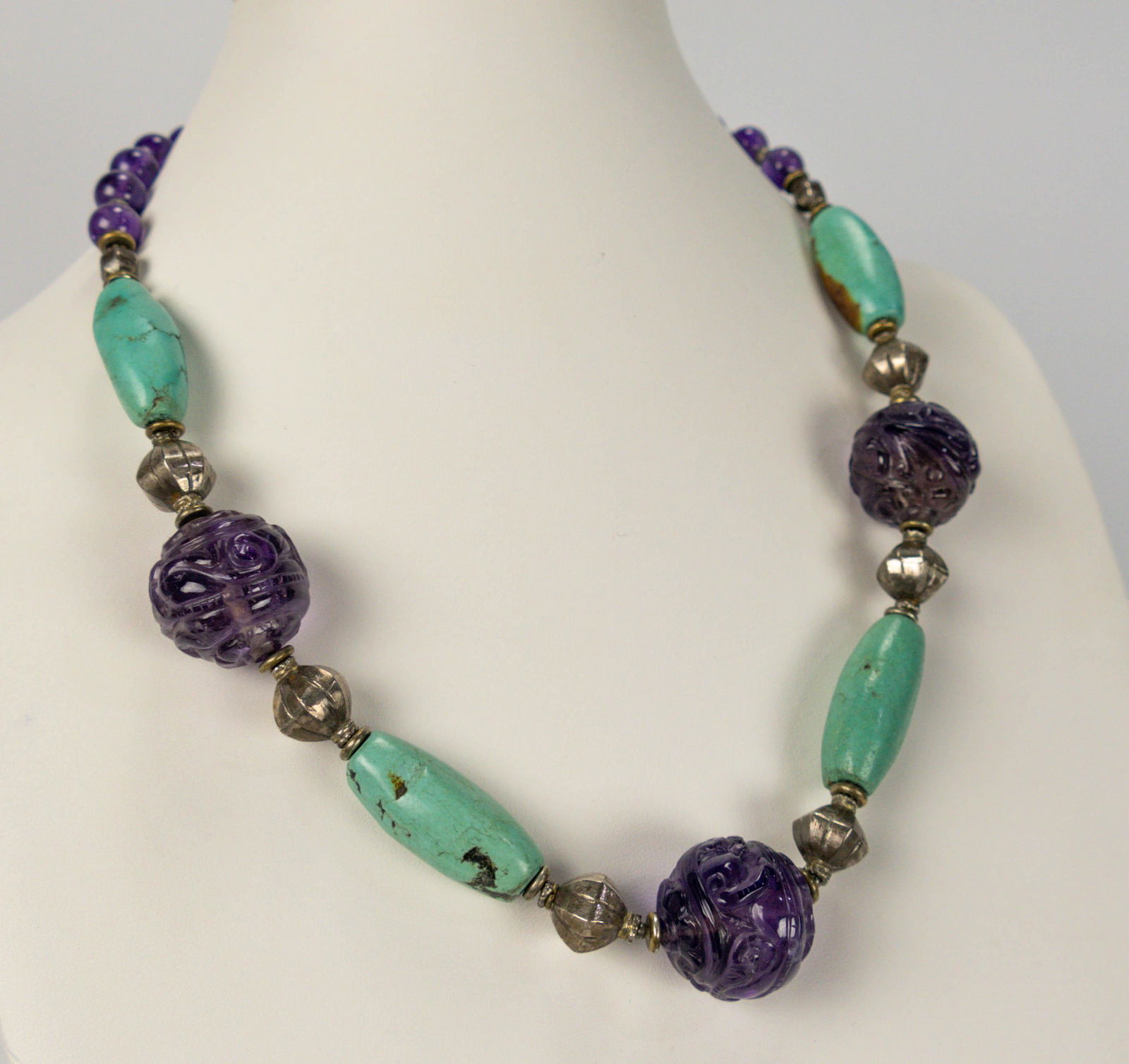 Chinese Carved Amethyst Turquoise & Silver Necklace (1 of 9)