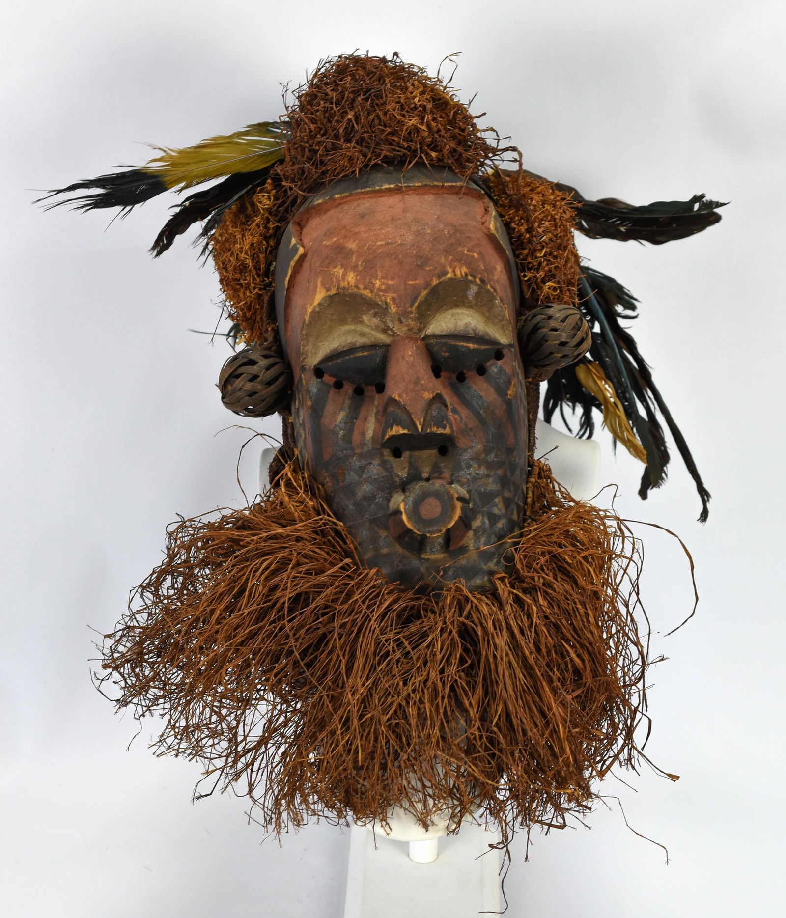 Old DROC Kuba Carved Wood Feather and Raffia Mask (1 of 9)