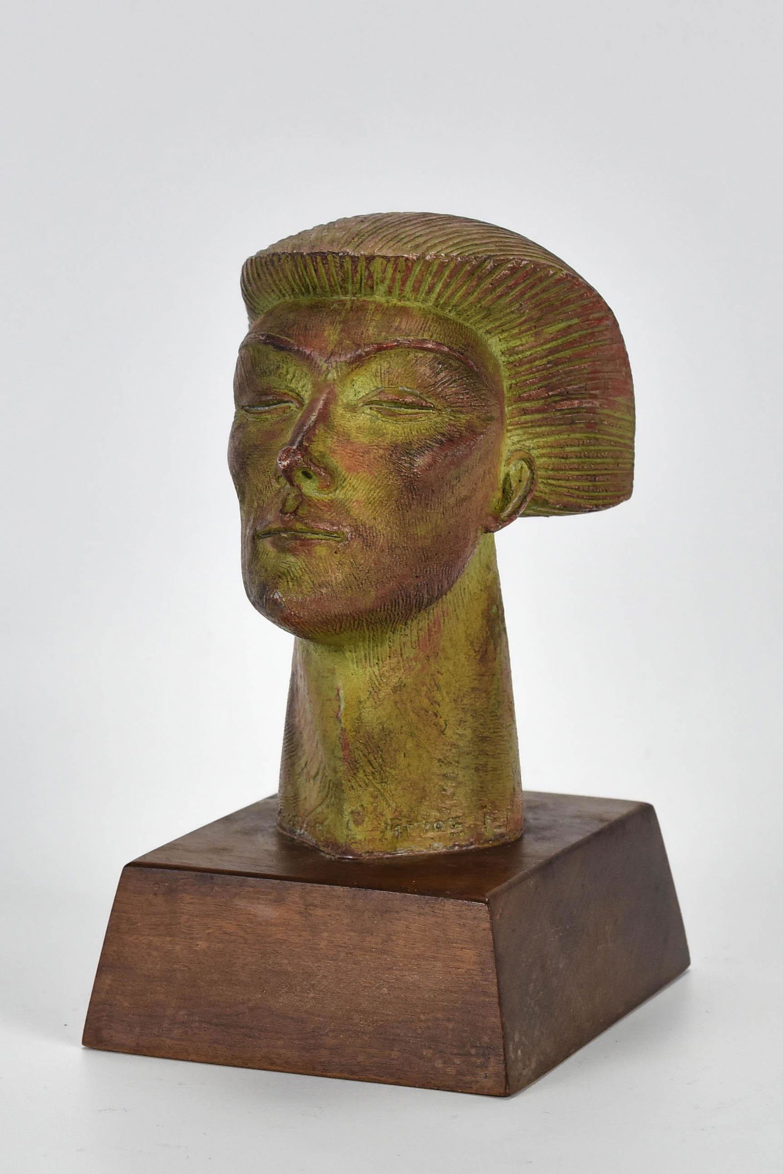 Artist Signed Colored Terra-Cotta Bust on Wood Stand (1 of 10)