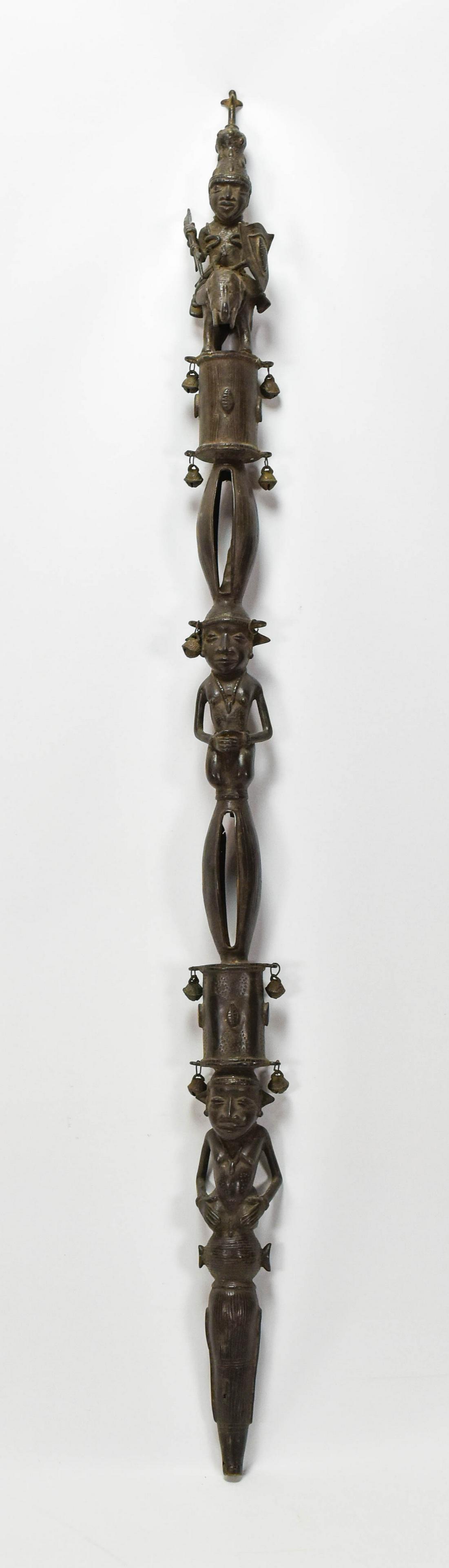 Benin Bronze 51" Rattle Staff Ukhurhe African: Exceptional bronze/copper alloy altar staff with warrior sitting on an elephant. Good condition as shown.