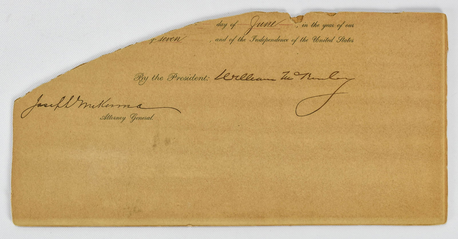 William McKinley Signed Presidential Commision Frag. (1 of 4)