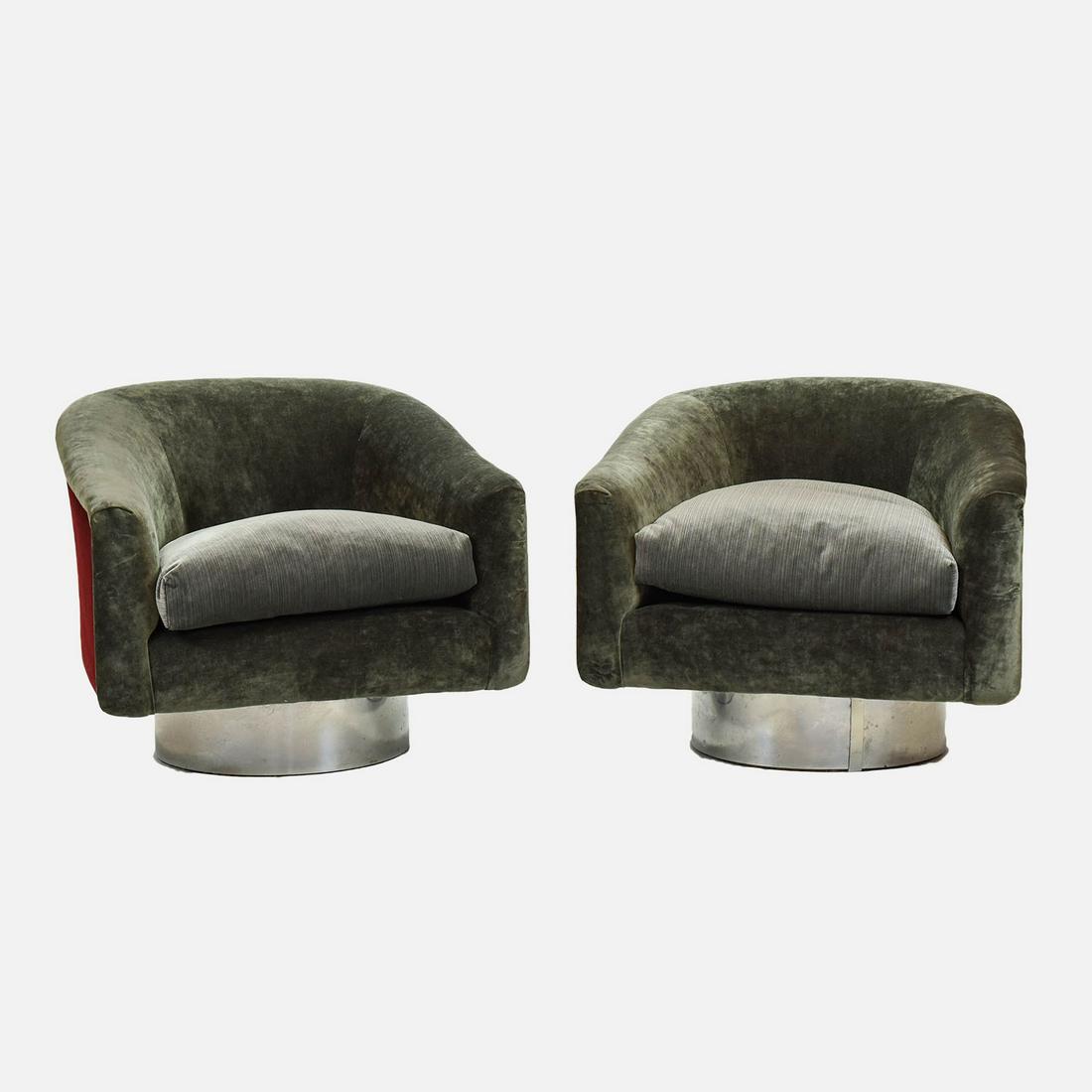 Pair Milo Baughman Swivel Lounge Chairs Gray Velvet (1 of 5)